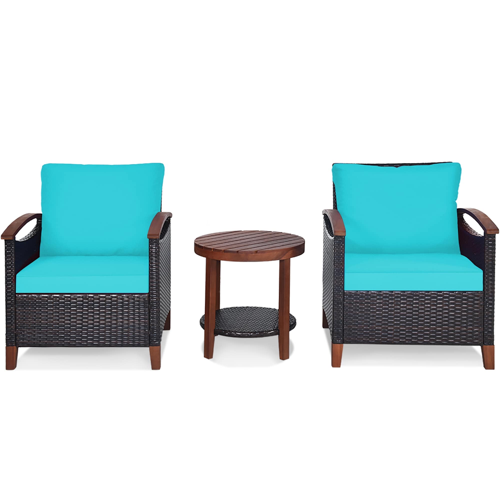 3pcs Patio Rattan Furniture Set With Cushioned Chair And Wooden Frame