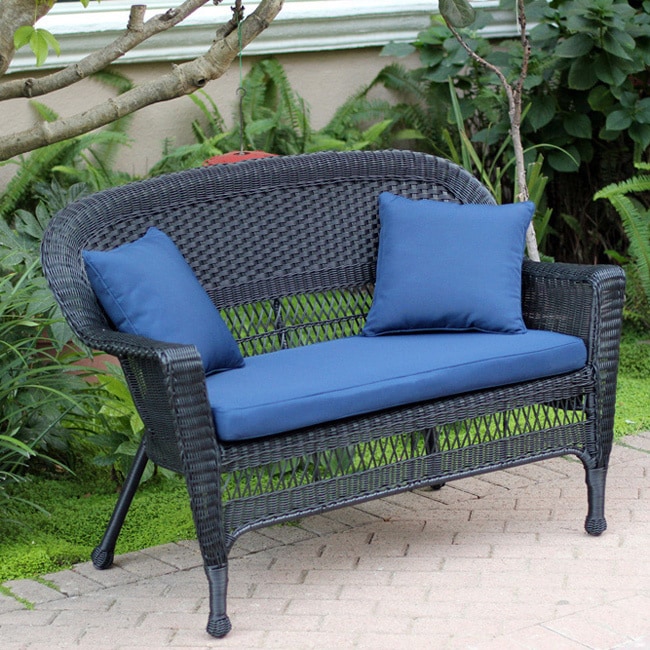 Wicker Black Finish Patio Loveseat With Cushion And Pillows
