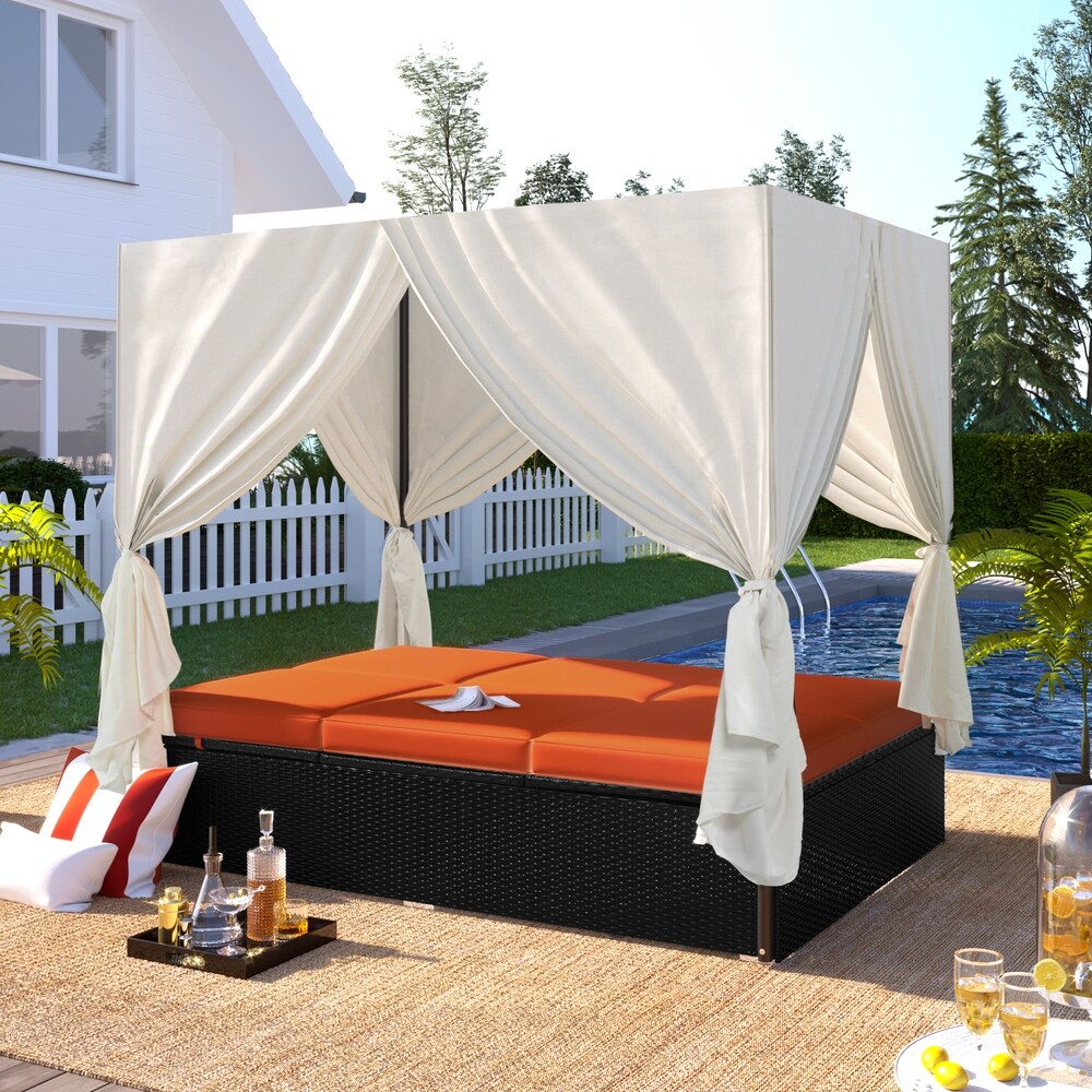 Outdoor Patio Wicker Sunbed Daybed With Cushions