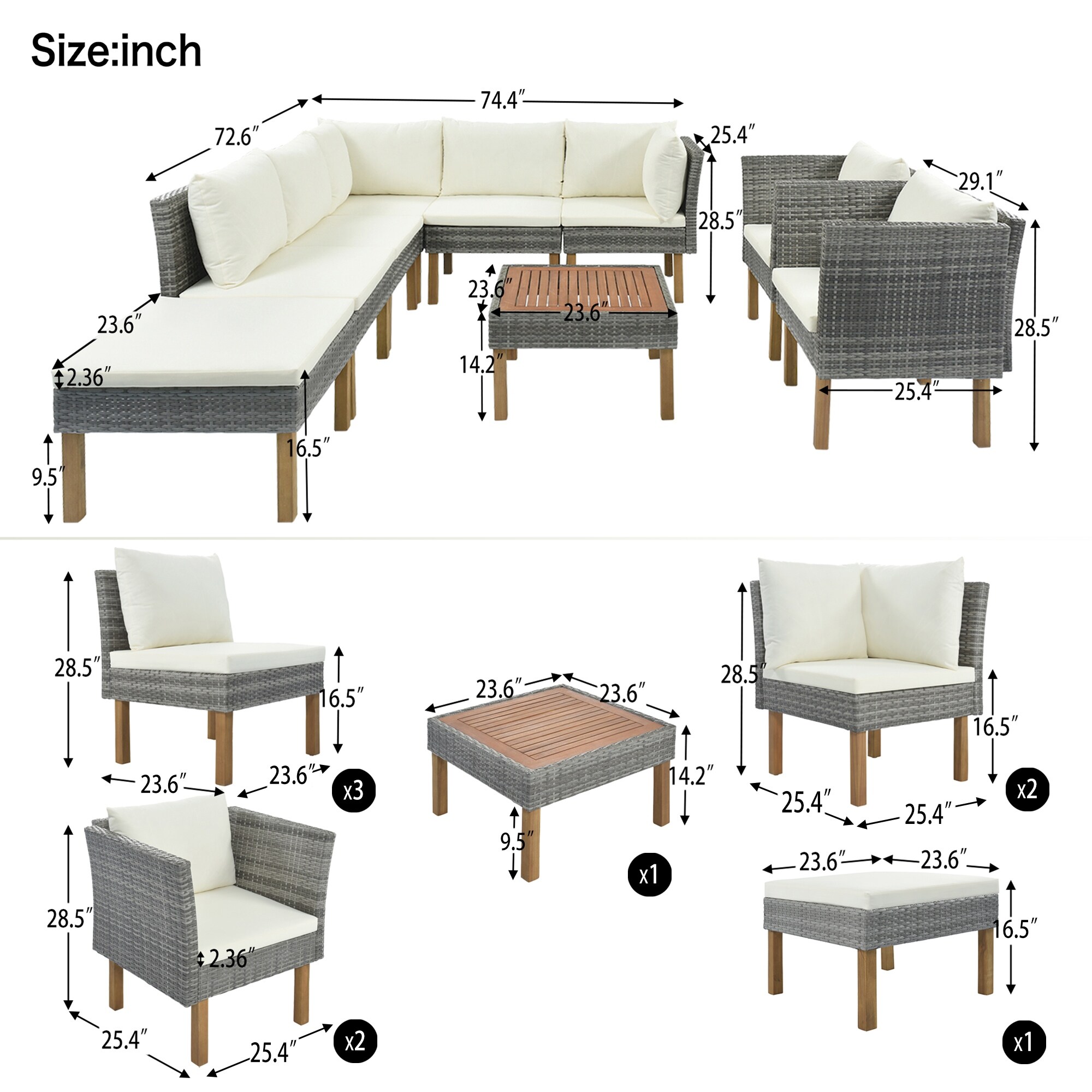 9-piece Patio Wicker Sofa Set  Pe Rattan Sofa Set  With Wood Legs