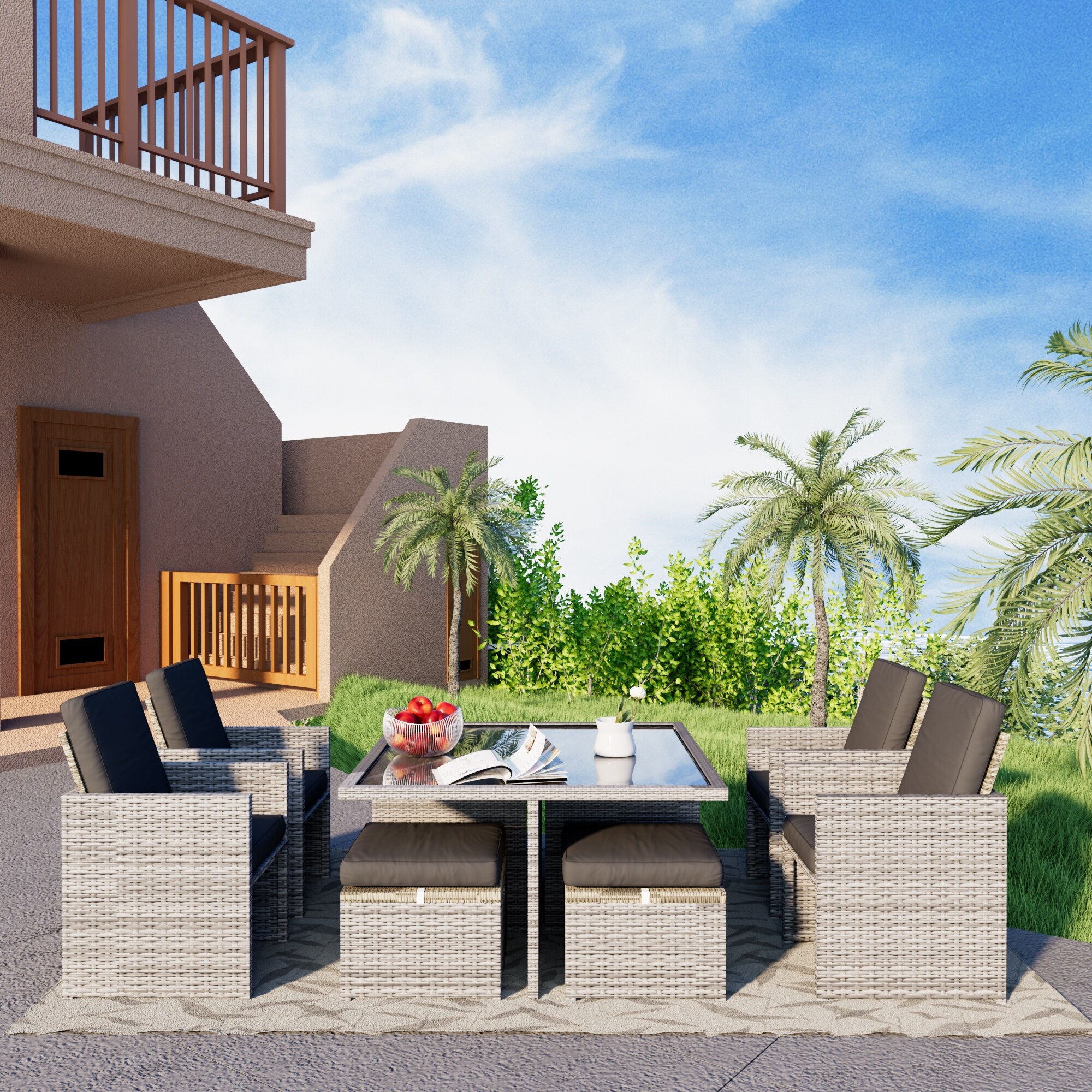 9 Piece All-weather Pe Rattan Terrace Outdoor Dining Chair Conversation Sets