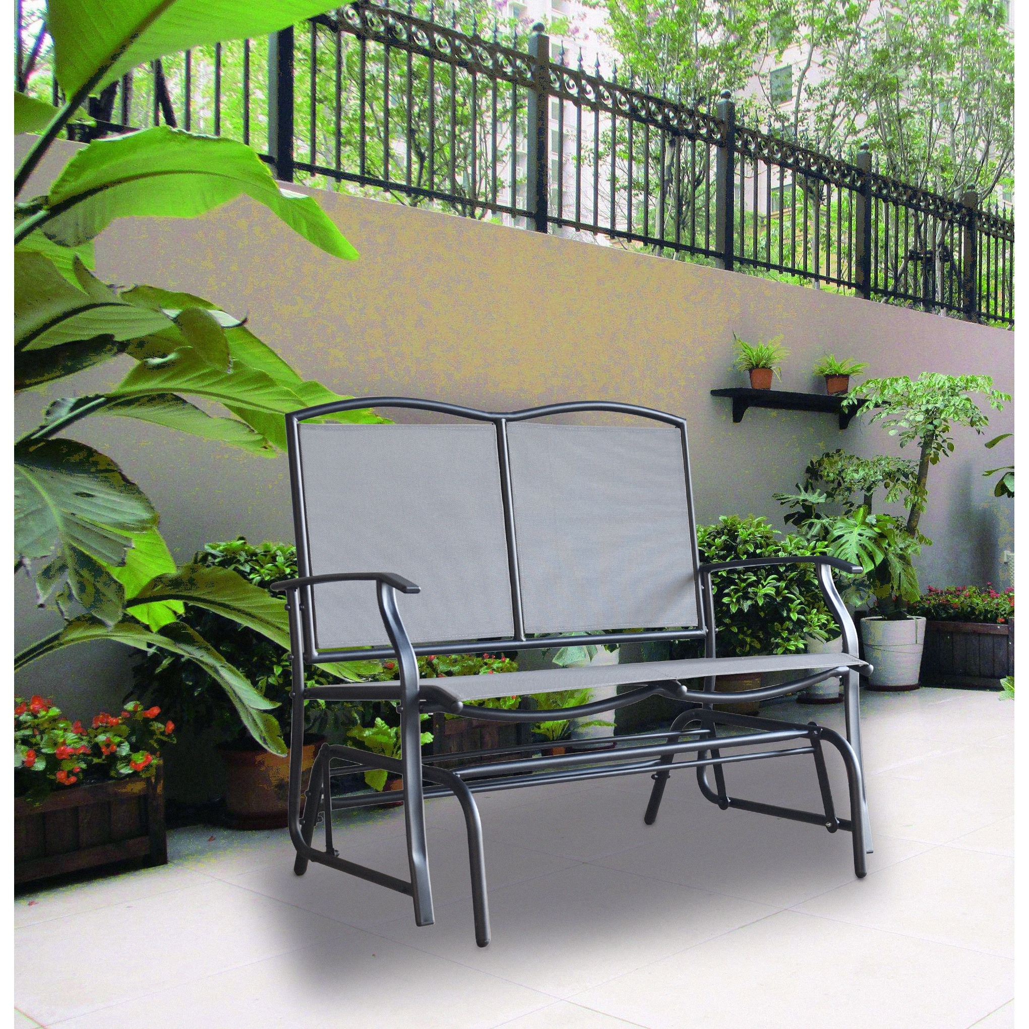Devani 2-person Black Outdoor Loveseat Glider With Mix Gray Sling