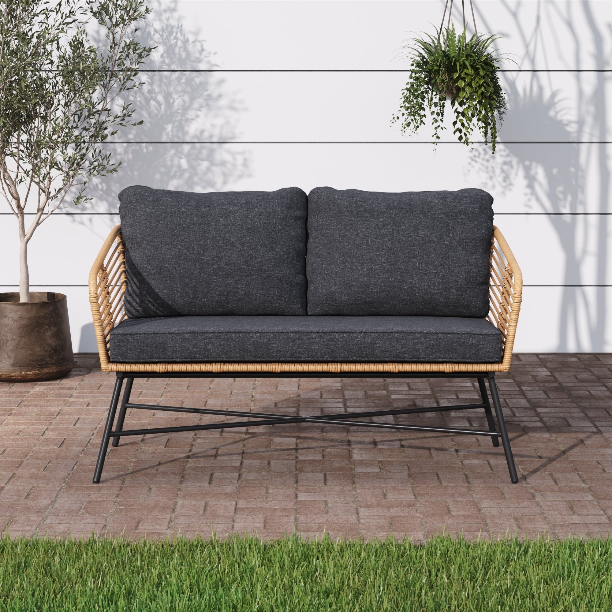 Flow Bohemian Rattan Wicker Loveseat  Upholstered Outdoor Sofa For Porch Or Patio