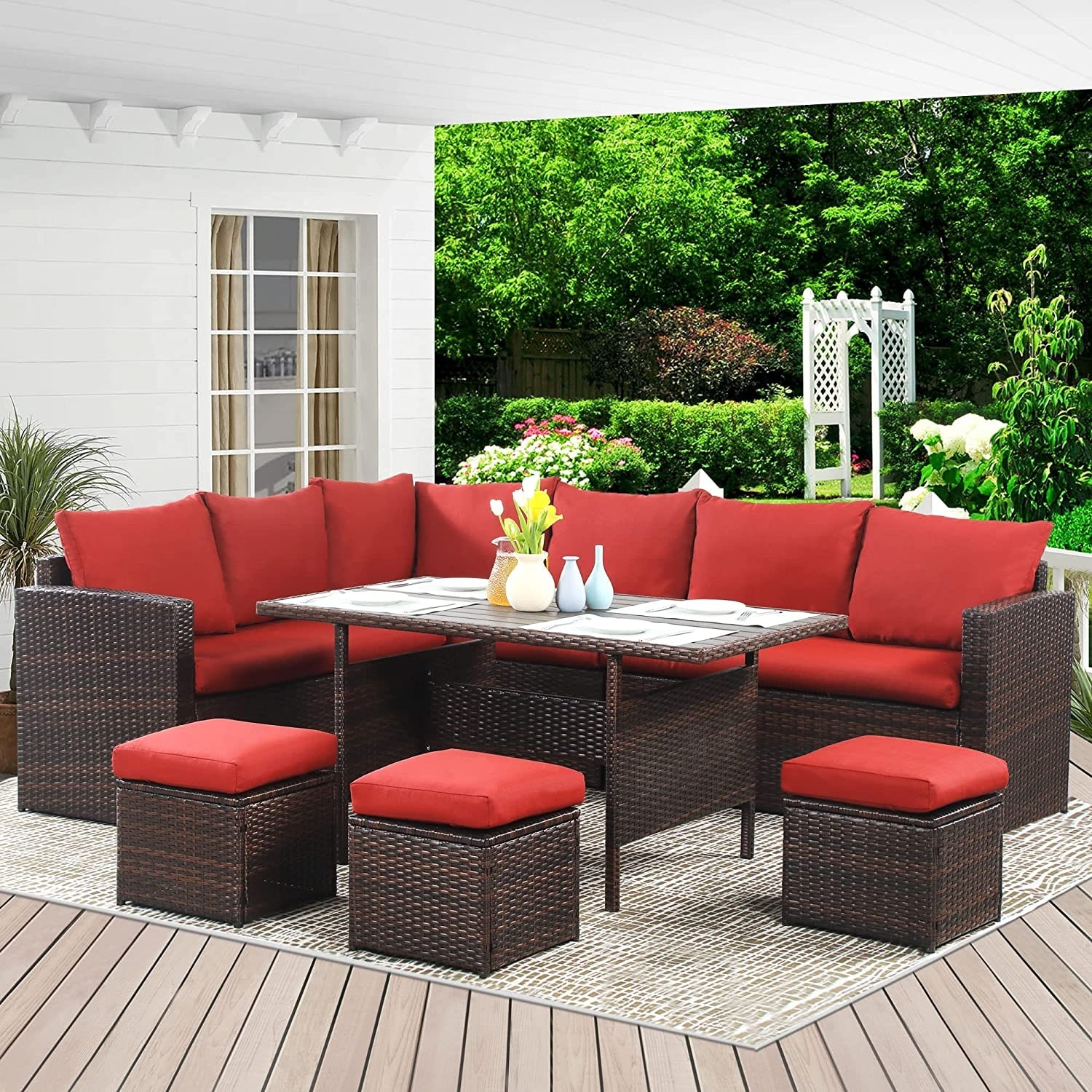 7-pieces Pe Rattan Wicker Patio Dining Sofa Set  Outdoor Large Sofa Table And Chair  Conversation Sets - 30w X 52l X 26.2h