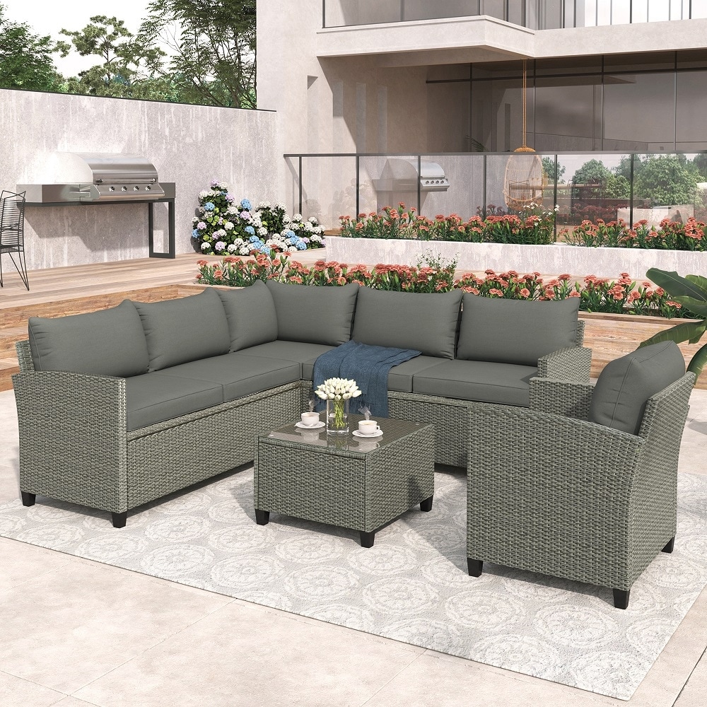 Patio Furniture Set  5 Piece Outdoor Conversation Set，with Coffee Table  Cushions And Single Chair