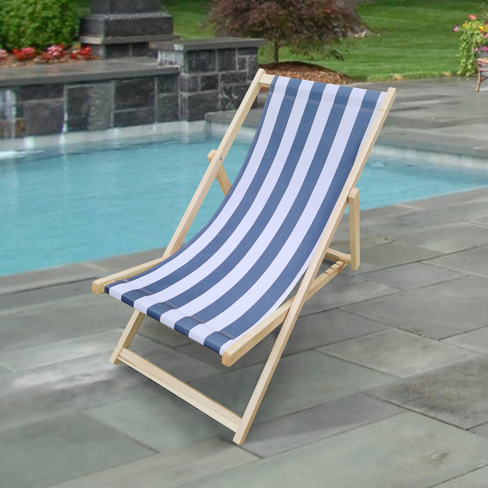 Blue/white Stripes Wood Outdoor Folding Sling Chair