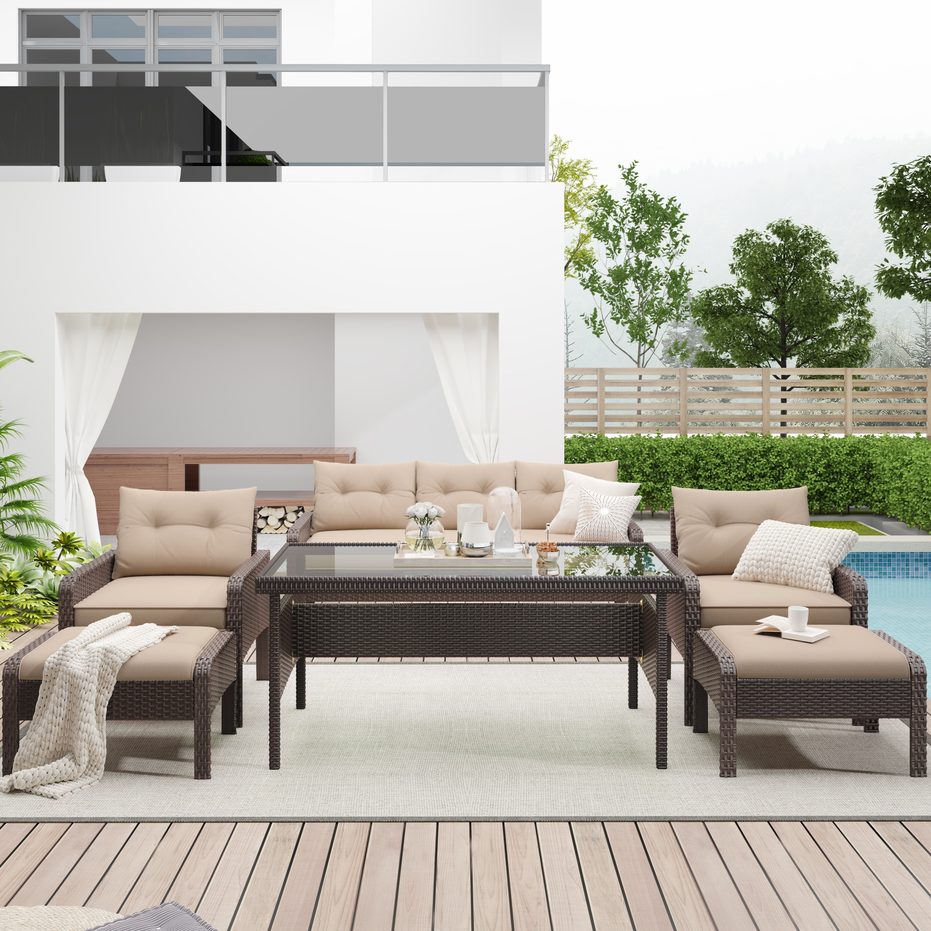 6-piece Outdoor Pe Rattan Sofa Set Dining Table Set With Tempered Glass Tea Table