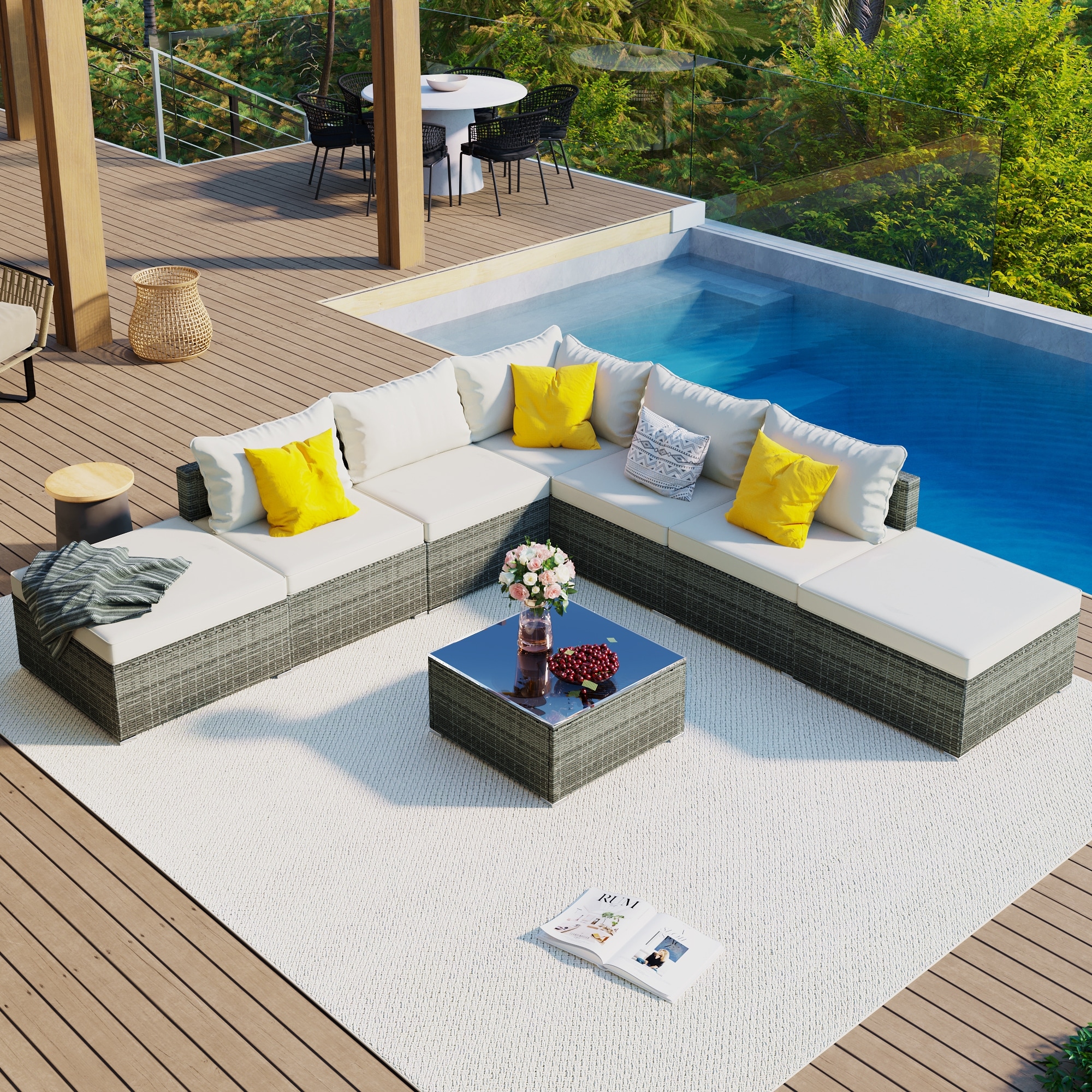 8-pieces Outdoor Patio Furniture Sets  Garden Conversation Wicker Sectional Sofa Set  Modular Sofa Design  Upholstered Cushions