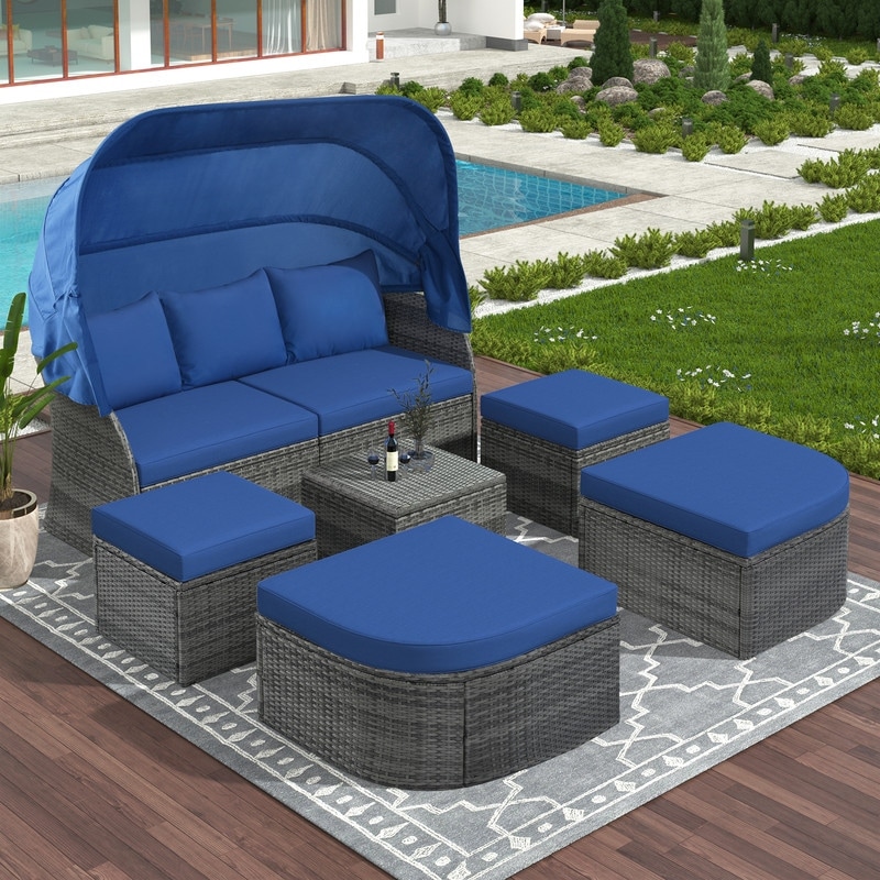 Wicker Outdoor Patio Furniture Set daybed Sunbed With Retractable Canopy Conversation Set