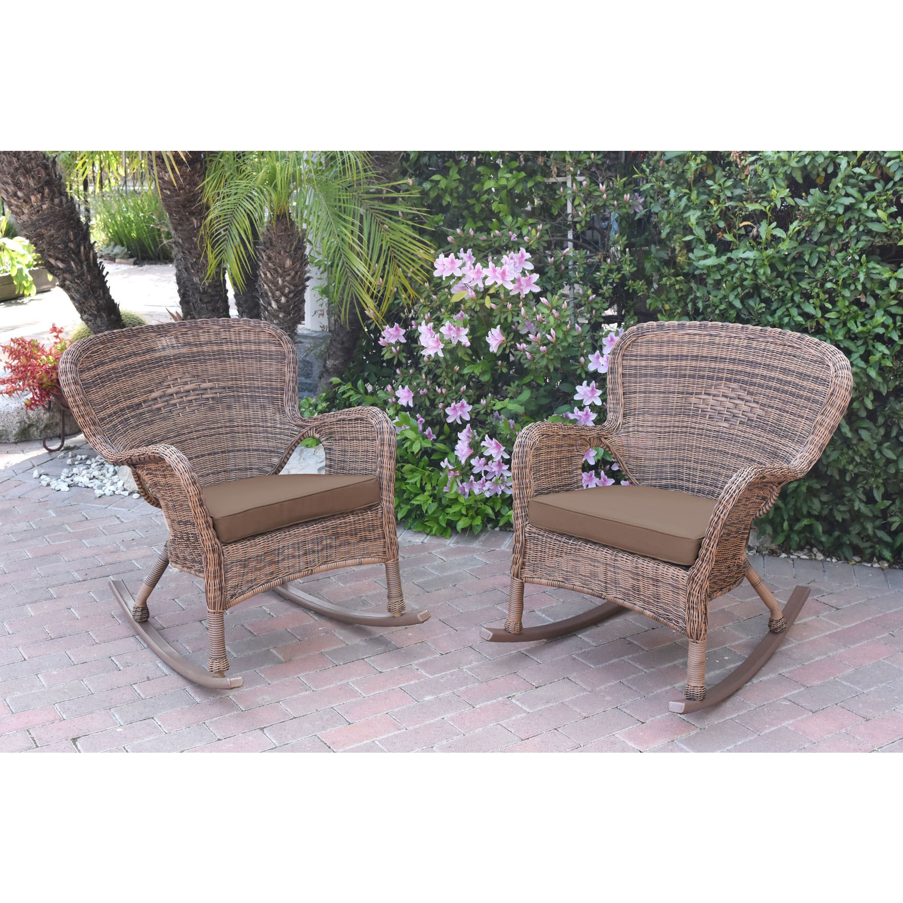 Jeco Windsor Honey Resin Wicker Rocker Chair With Cushions (set Of 2)