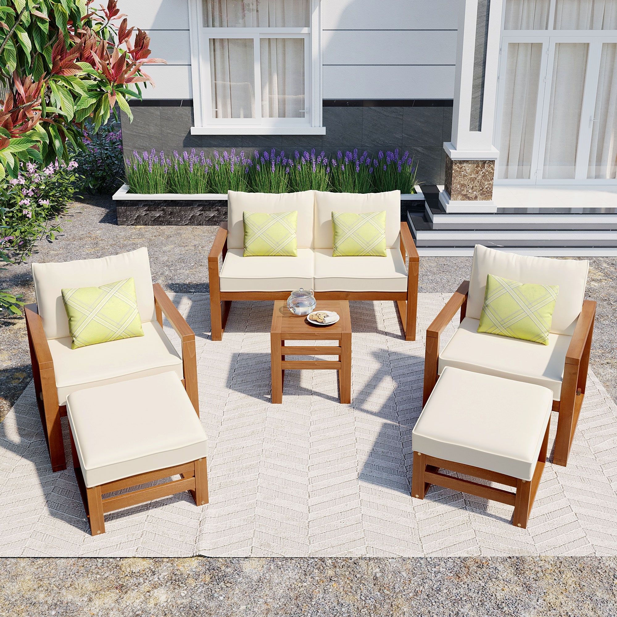 6-piece Outdoor Patio Acacia Wood Conversation Set  Sectional Garden Seating Groups Chat Set With Cushion And 4 Throw Pillows