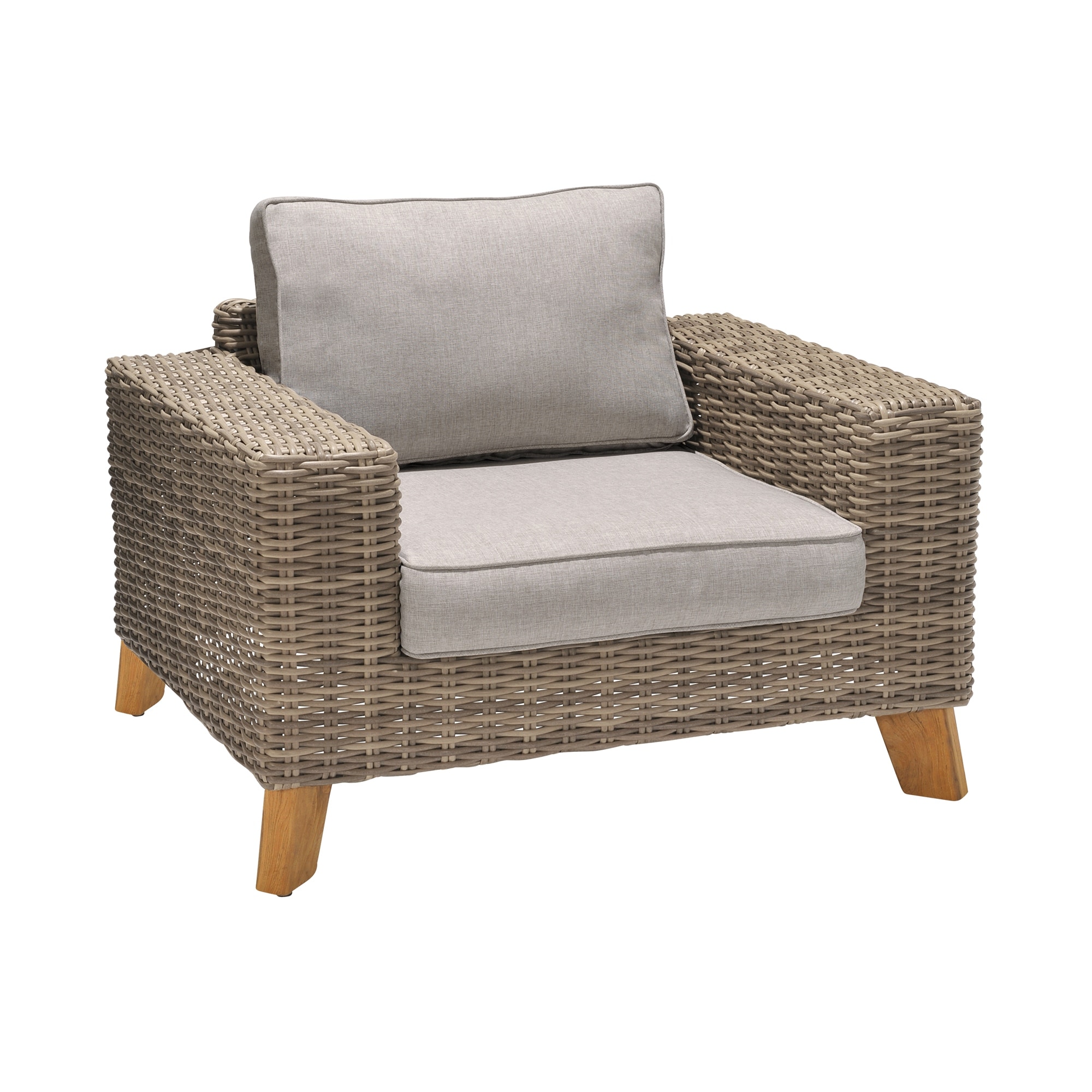 Bahamas Outdoor Wicker and Teak Wood Lounge Chair With Beige Olefin