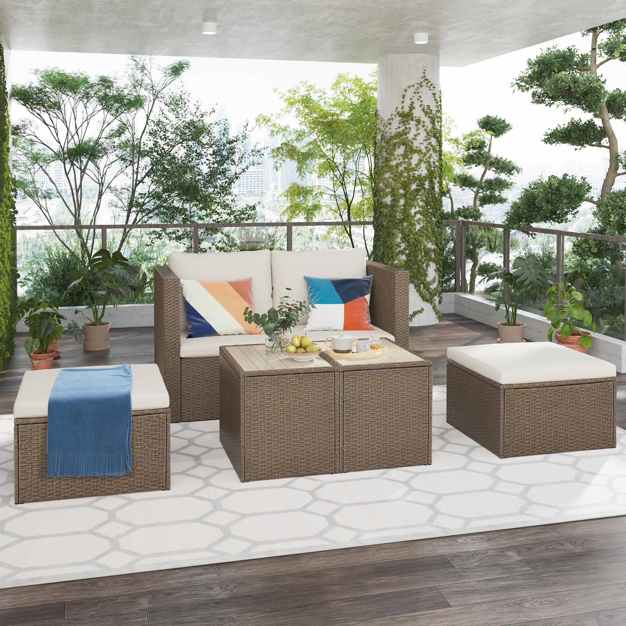 Outdoor 6-piece Garden Furniture Set  Pe Wicker Rattan Sectional Sofa Set With 2 Tea Tables  Wicker+ Cushion