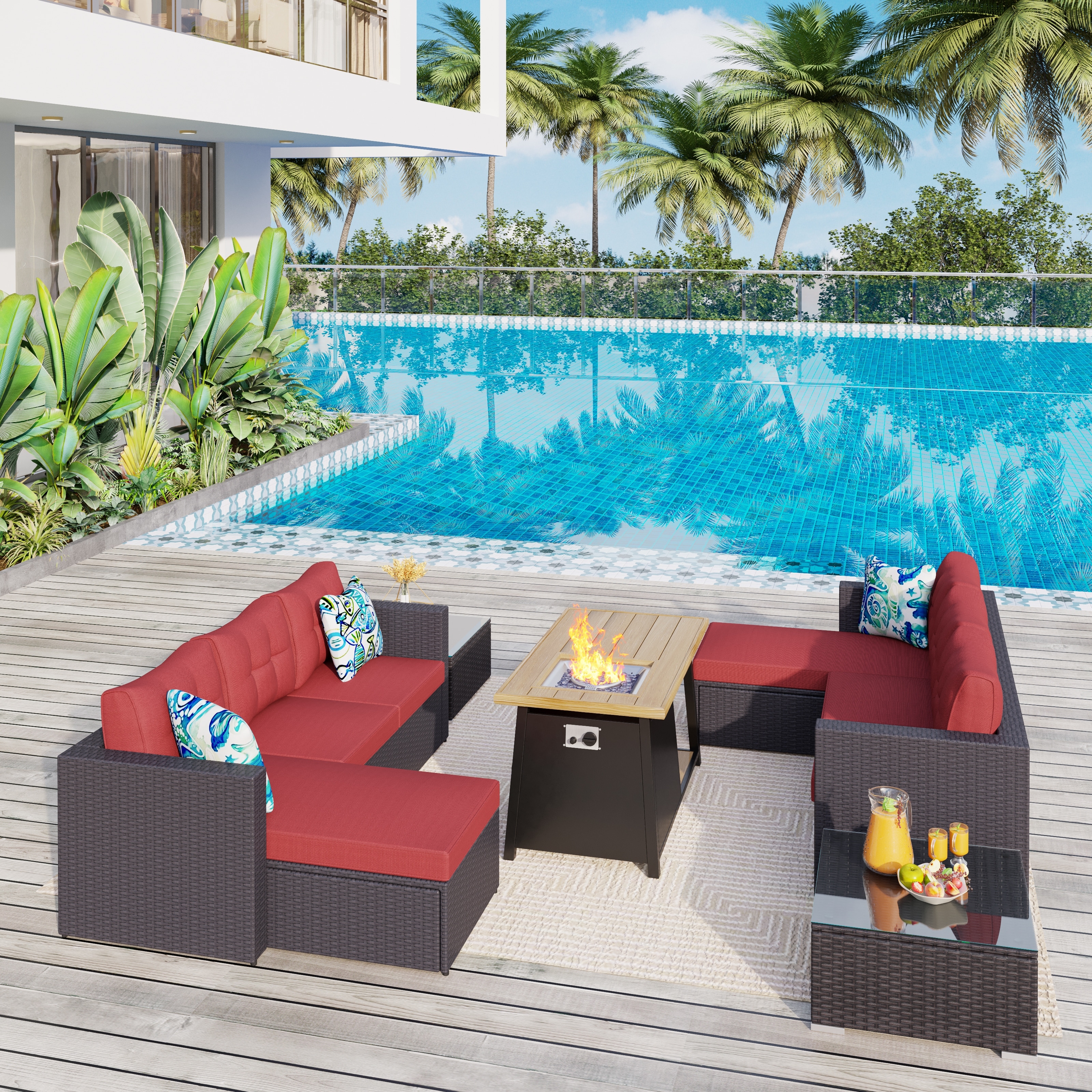 9-pieces Rattan Sectional Sofa Set With Coffee Table And Gas Fire Pit Table