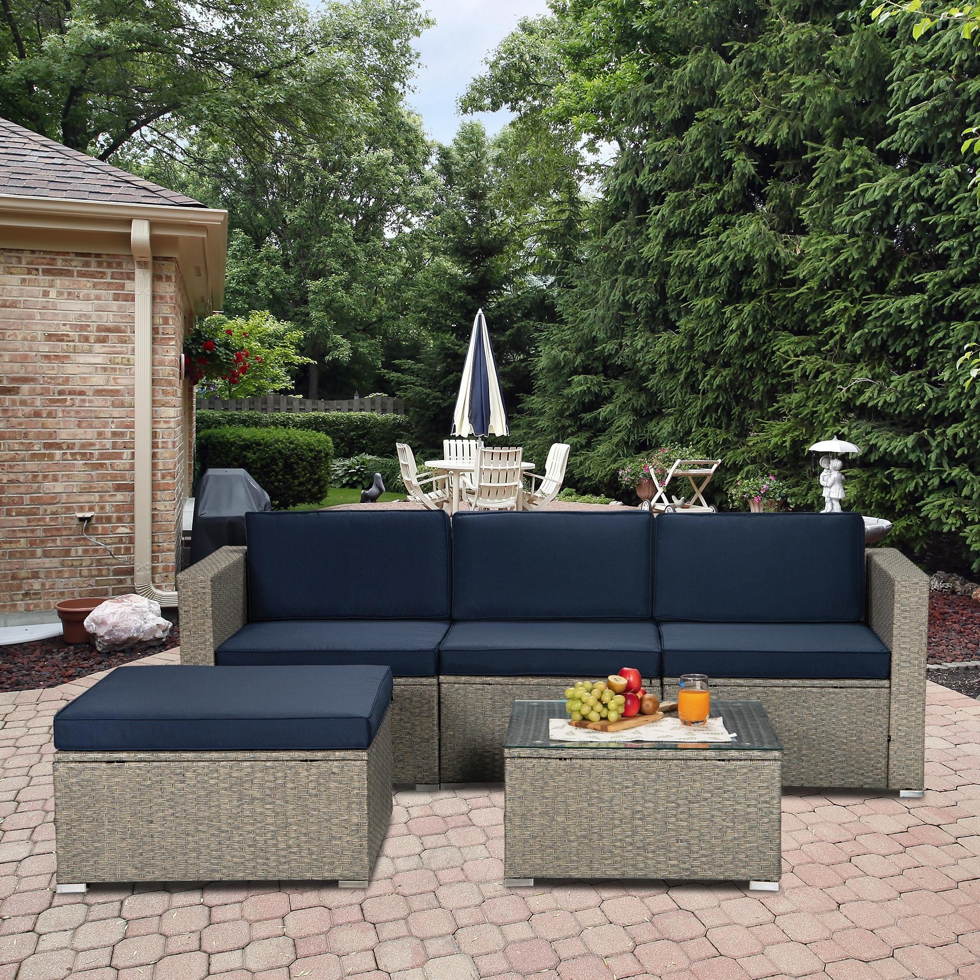 5 Pieces Patio Sectional Conversation Set With Glass Table