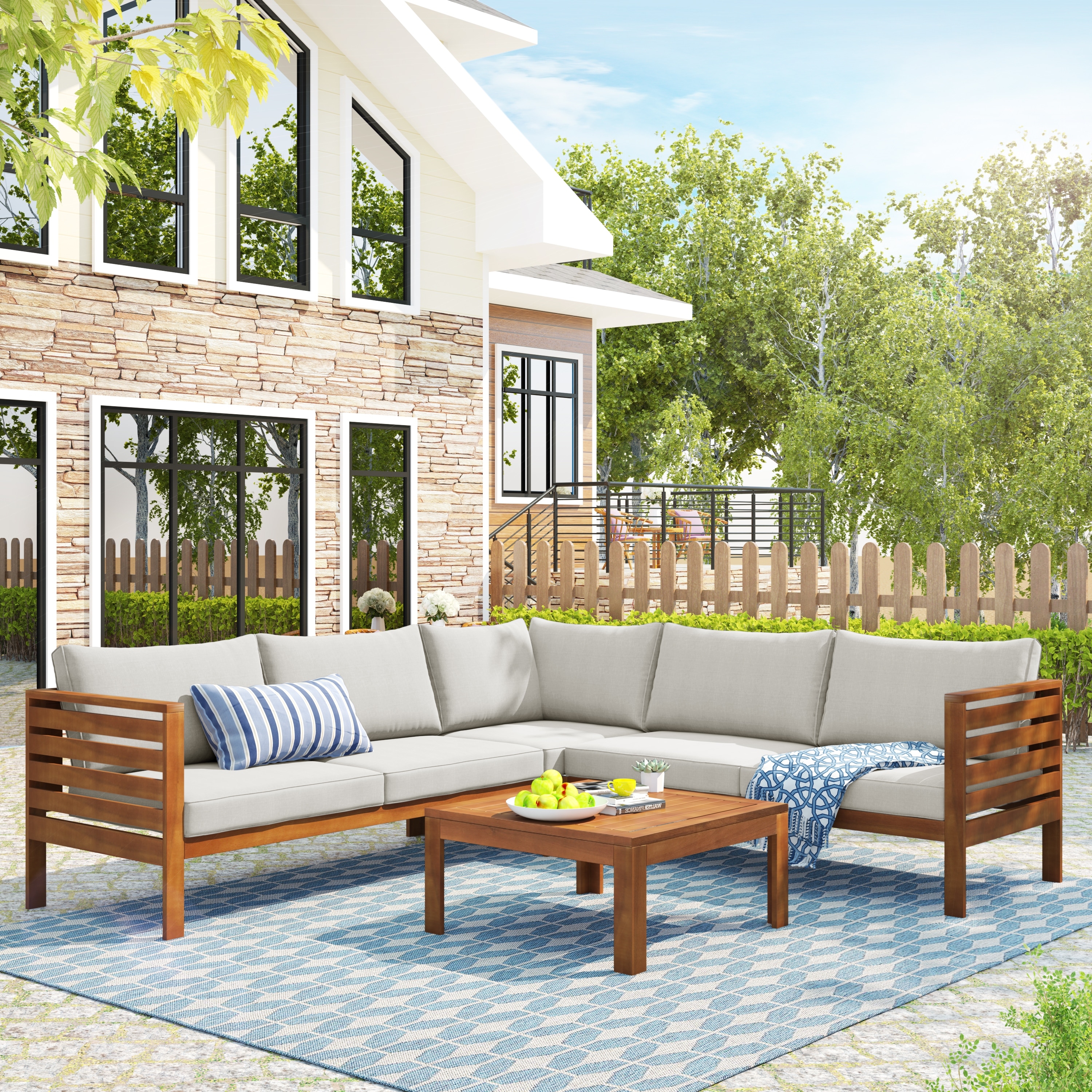 Beige Natural Log Wood Outdoor Sofa Set With Cushions embrace The Tranquil Beauty Of Japanese Zen Poetry In Your Outdoor Space