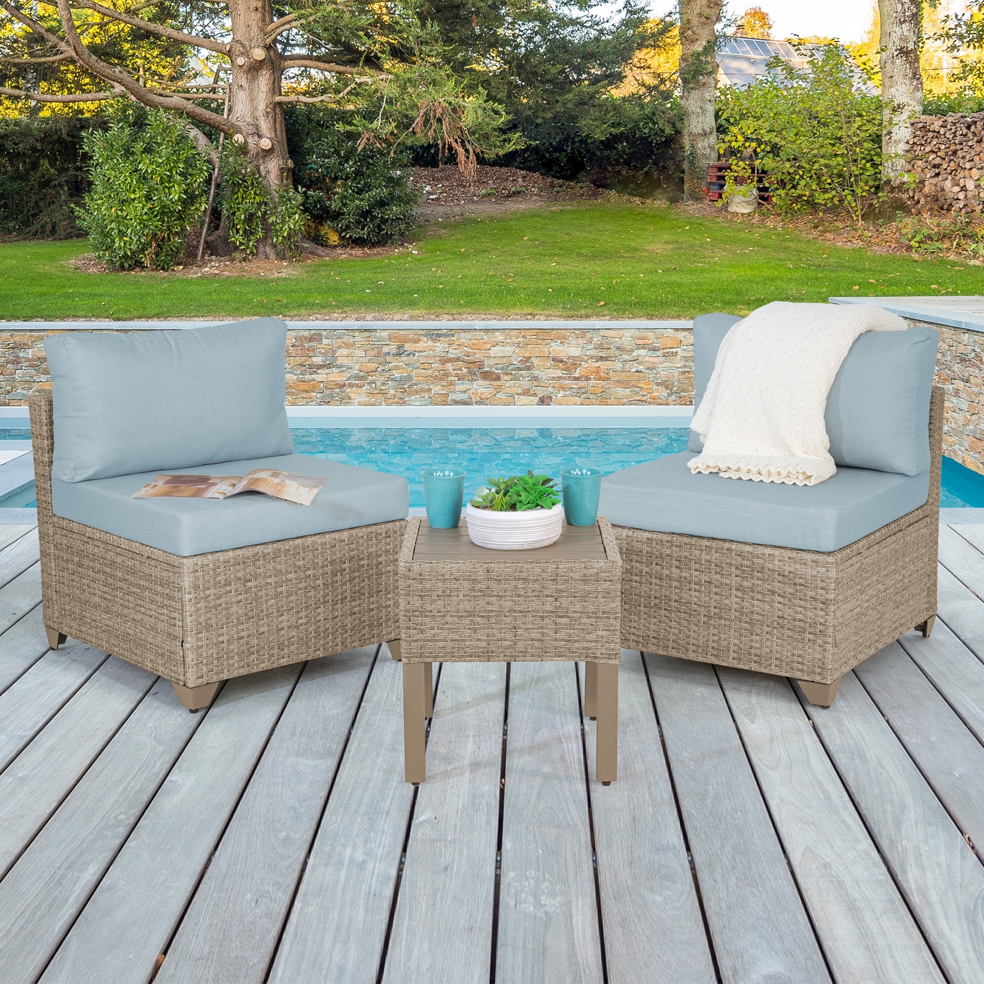 Maui 3-piece Outdoor Conversation Set Including Armless Sofa Seats And End Table In Natural Aged Wicker