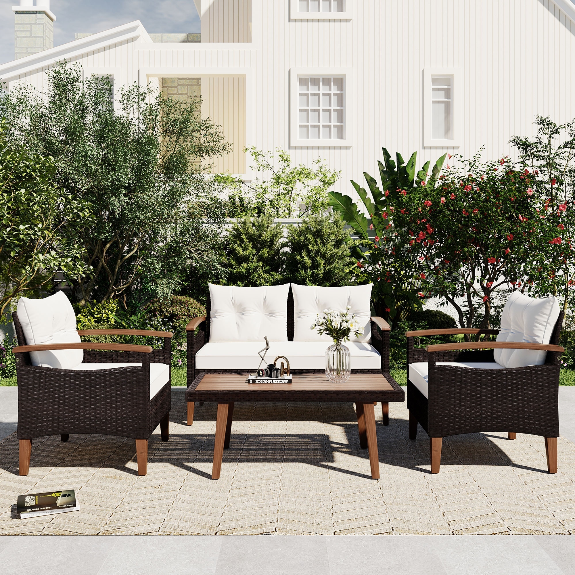 4-piece Garden Furniture Set With Pe Rattan Outdoor Sofa
