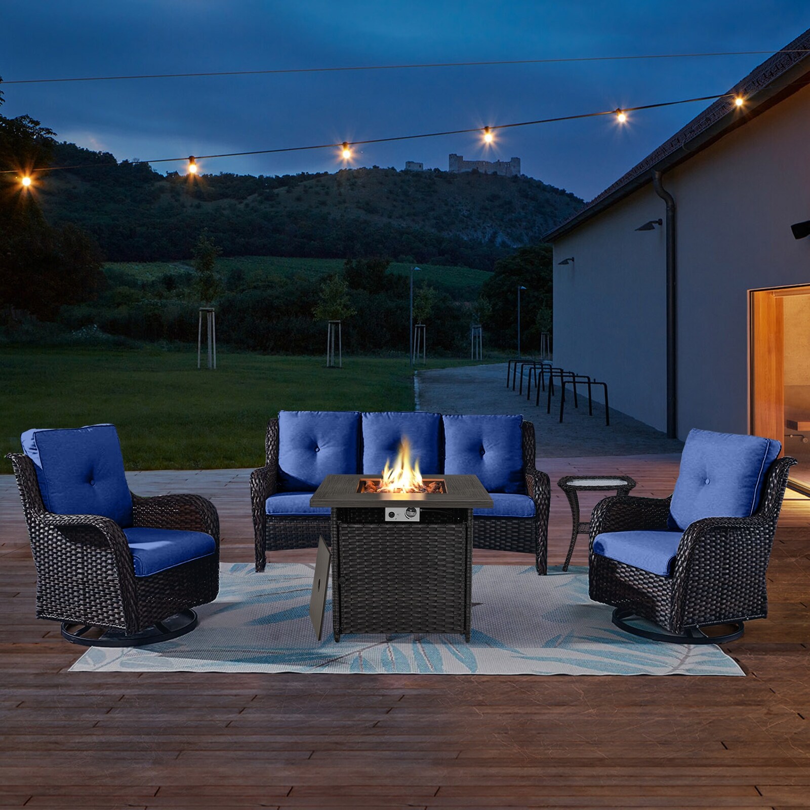 Outdoor Wicker 3-seat Sofa With Fire Pit Table Swivel Chiar Table