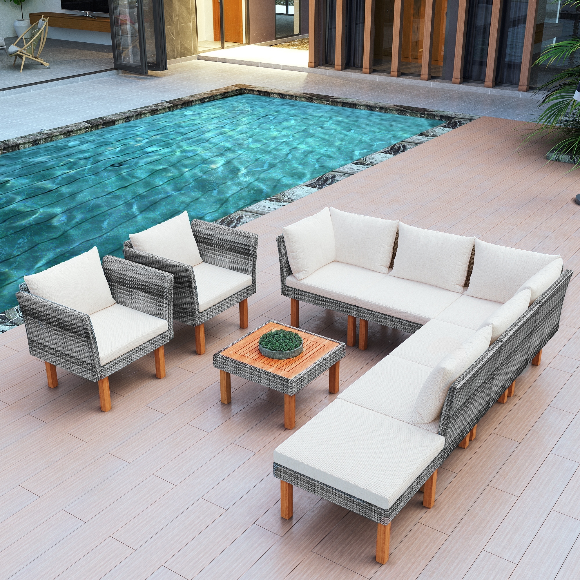 All-weather Wicker Sofa Set With Acacia Wood Table