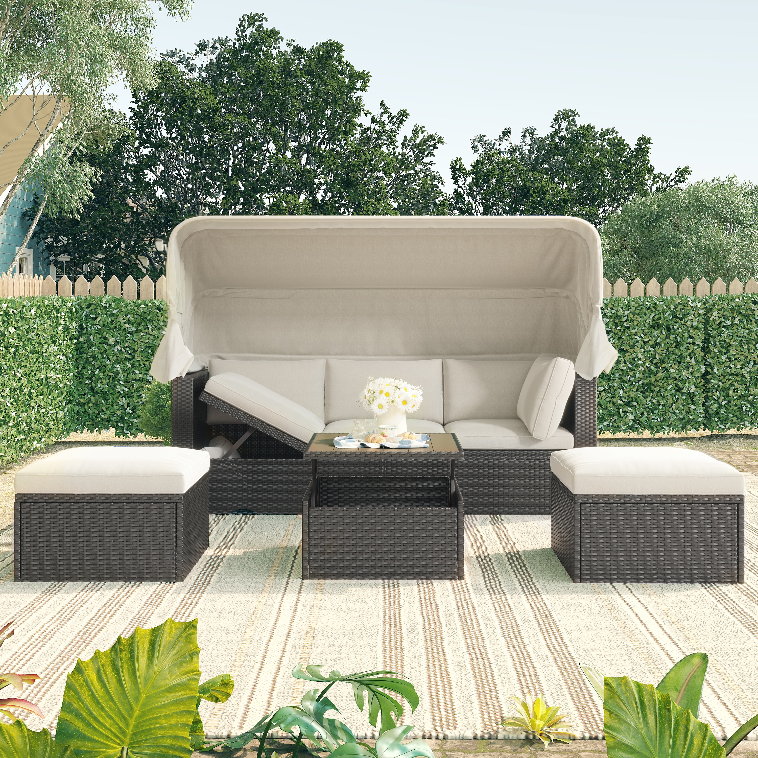 Outdoor Patio Rectangle Daybed With Retractable Canopy  Wicker Furniture Sectional Seating And Washable Cushions  For Backyard