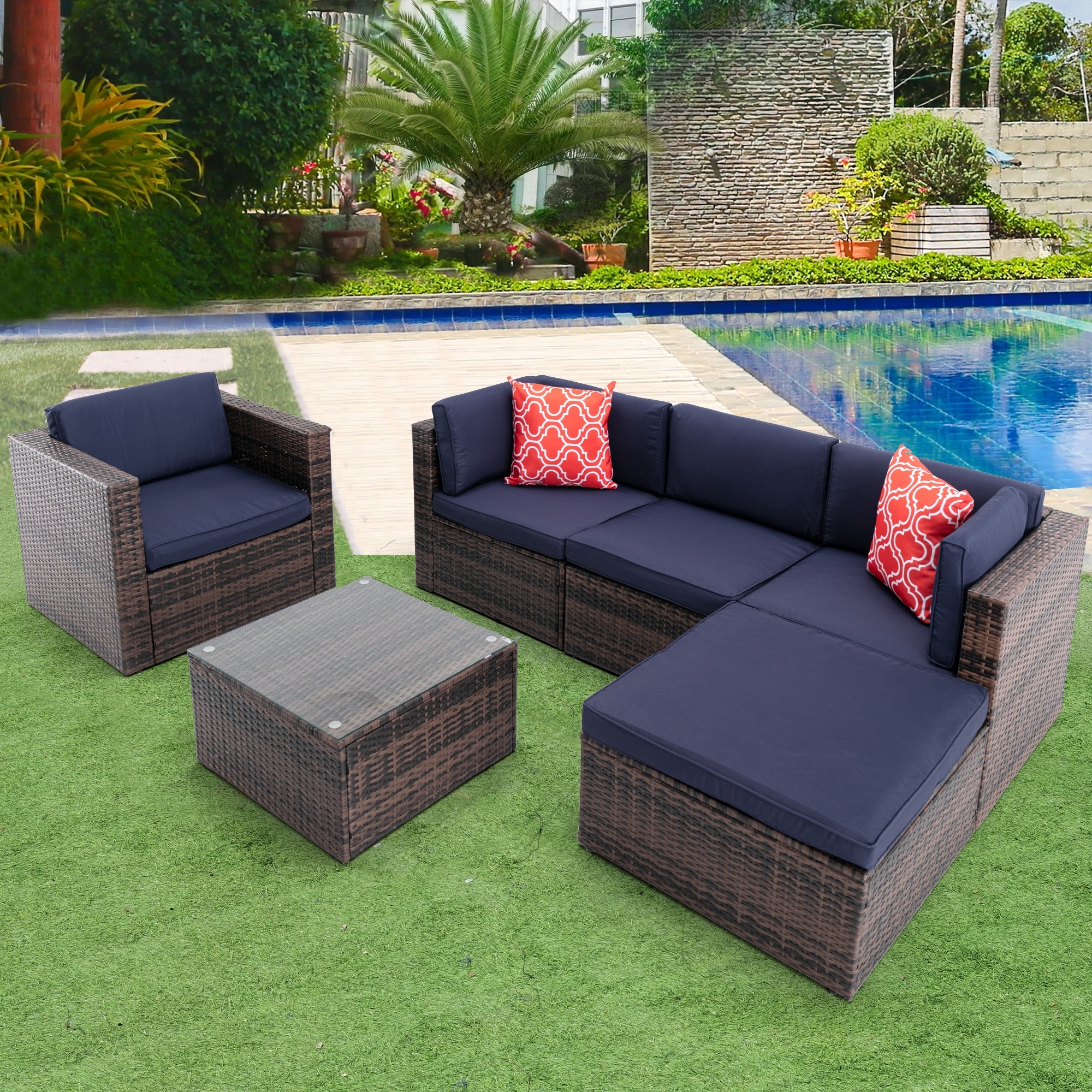 Navy Blue 6 Pieces Outdoor Patio Furniture Set  Pe Rattan Wicker Sectional Sofa With Cushions And Pillows