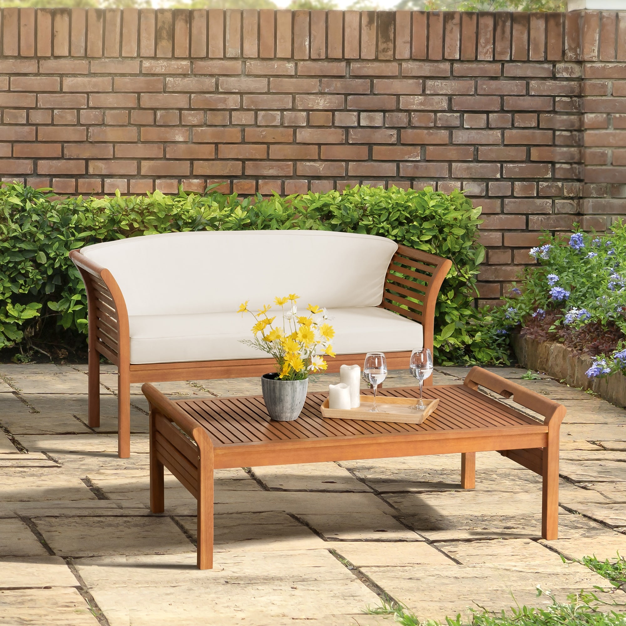 Stamford Eucalyptus Wood Outdoor Bench With Coffee Table  Set Of 2