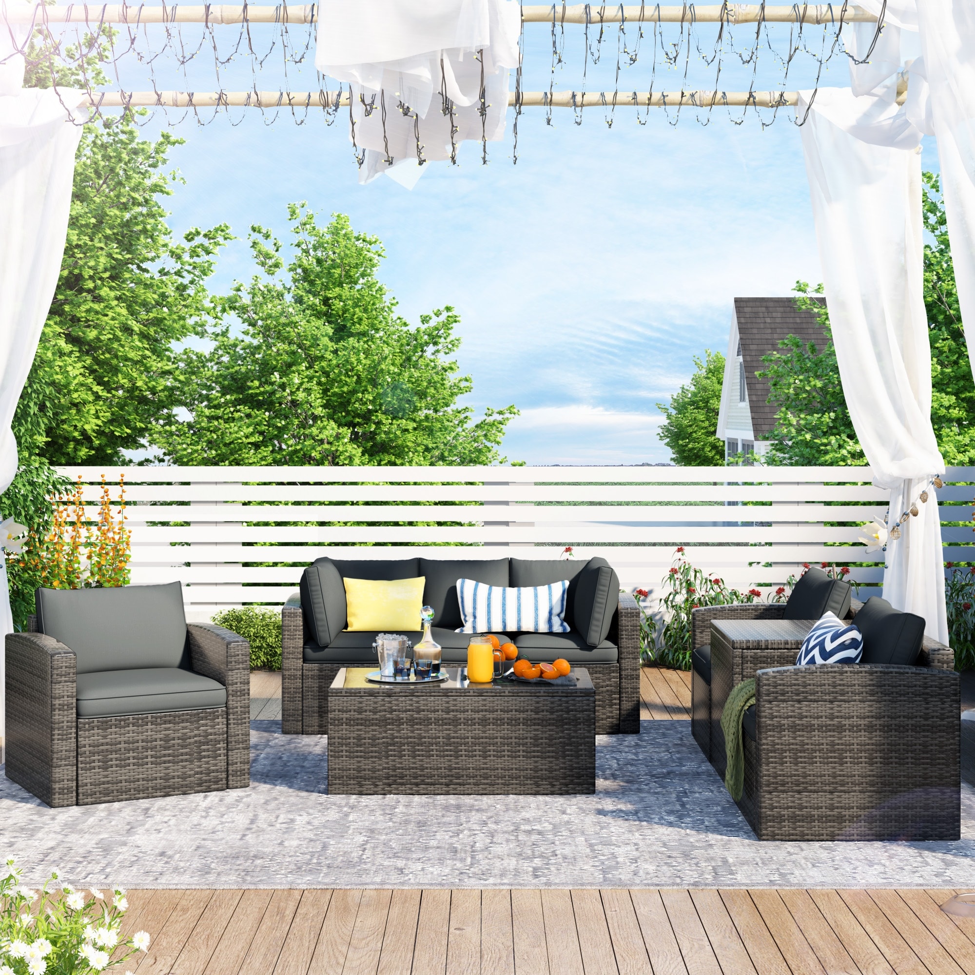 7-piece Pe Rattan Sofa Set With Glass Table And Storage