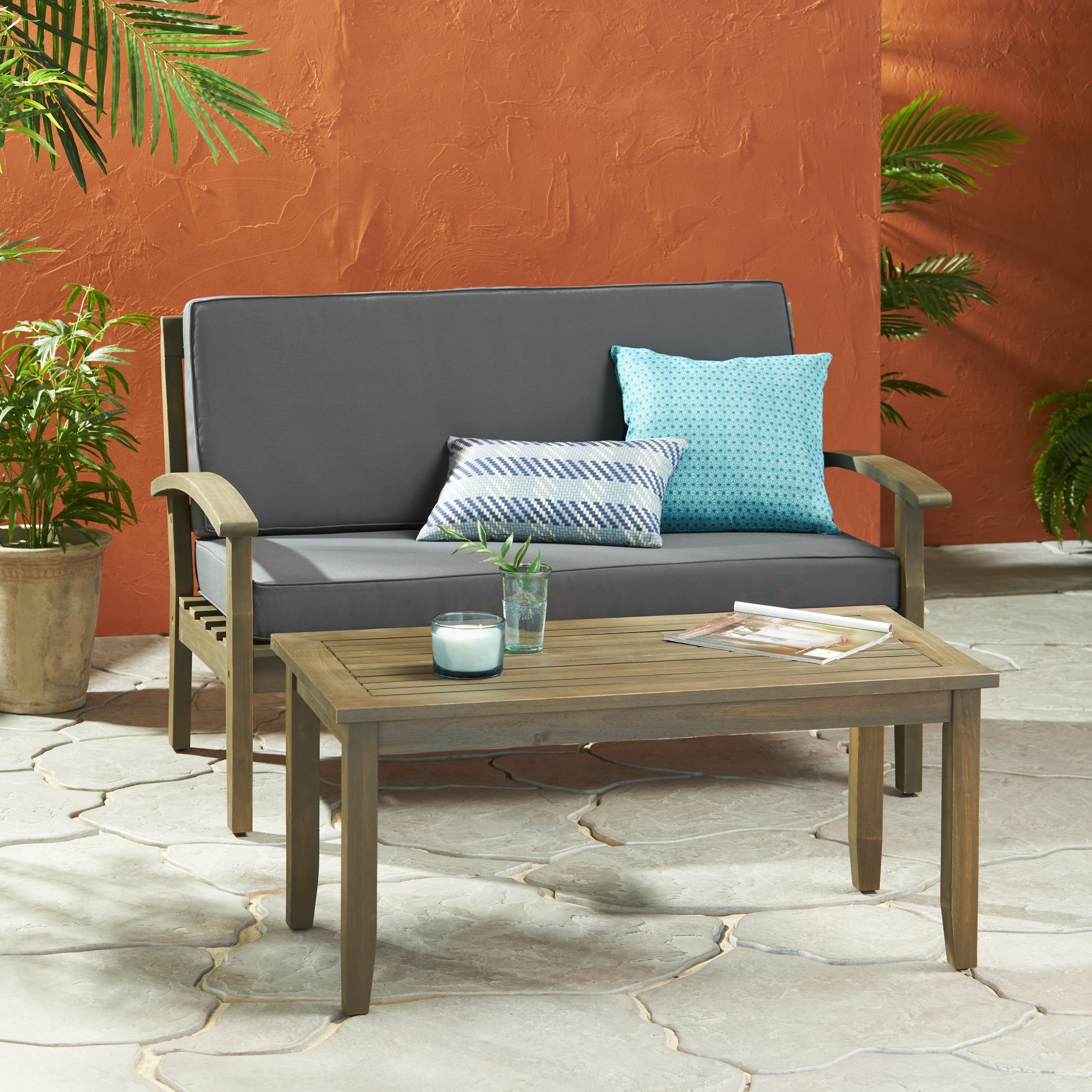 Peyton Outdoor Cushioned Acacia Wood Loveseat And Table Set By Christopher Knight Home