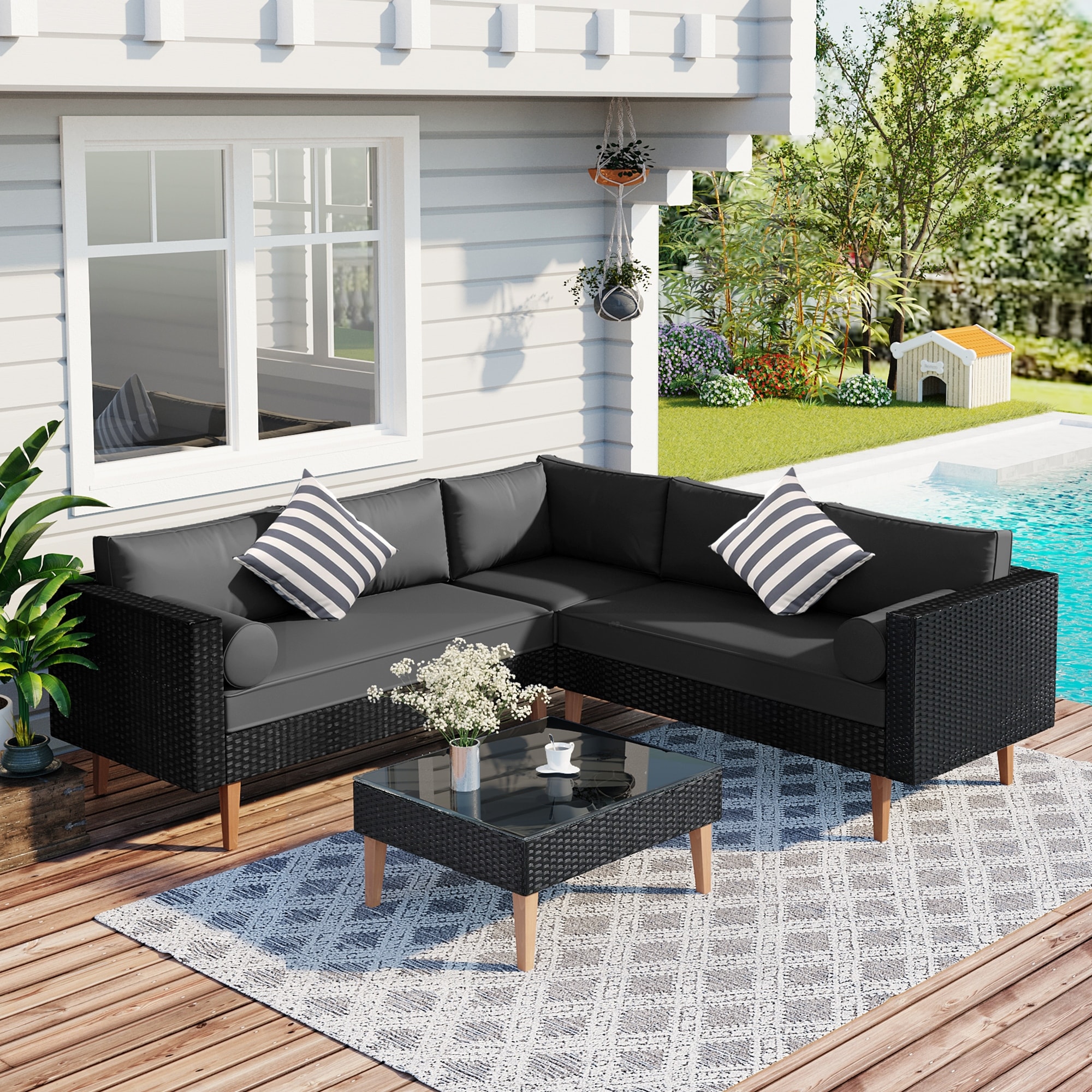 Outdoor Wicker Sofa Set  Durable Brown Rattan Patio Furniture With Colorful Pillows And Cushions