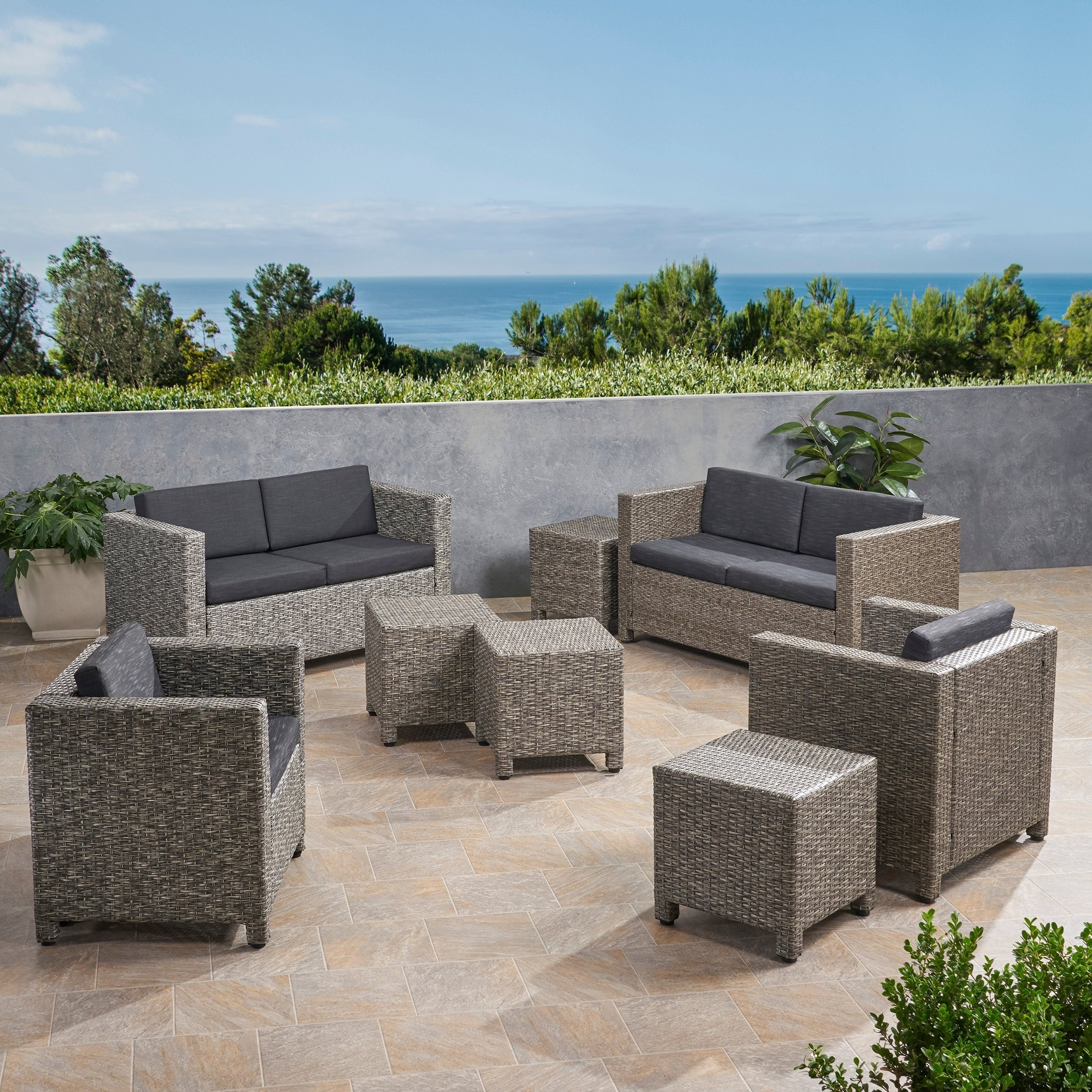 Puerta Outdoor 6 Seater Wicker Chat Set With Side Tables By Christopher Knight Home