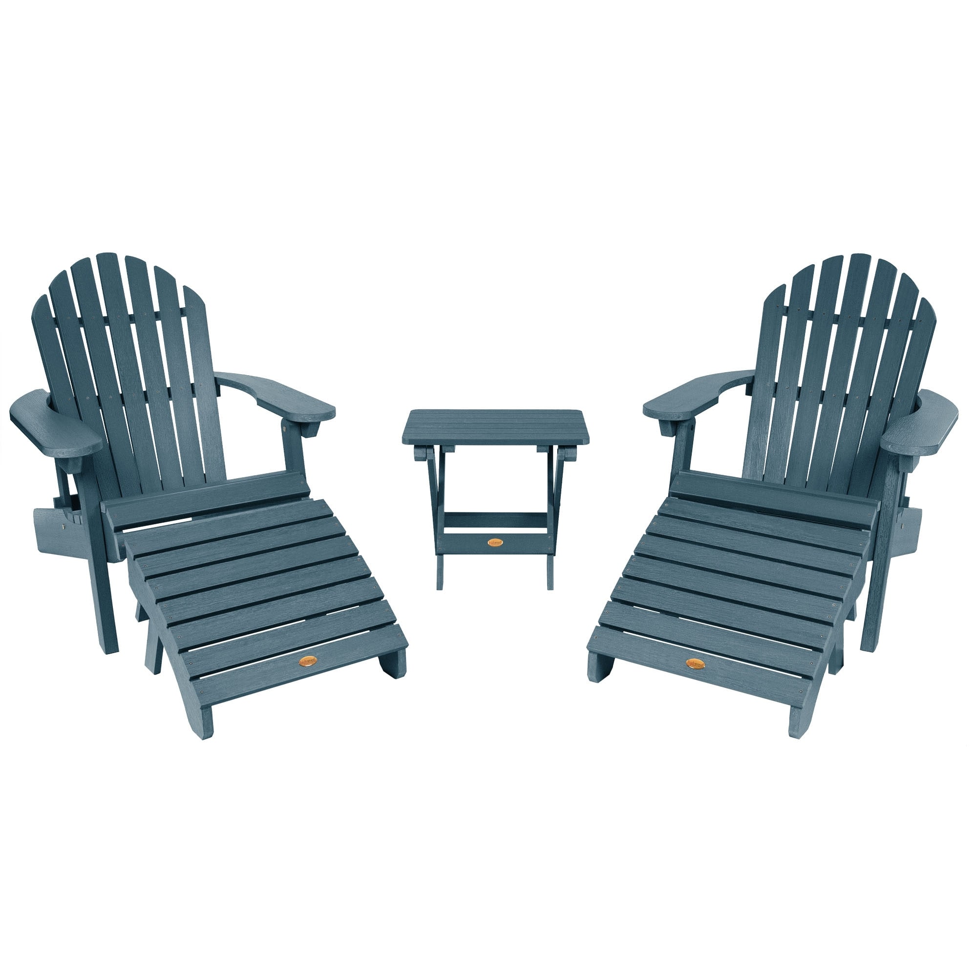2 Reclining Adirondack Chairs With Matching Ottomans And Folding Side Table