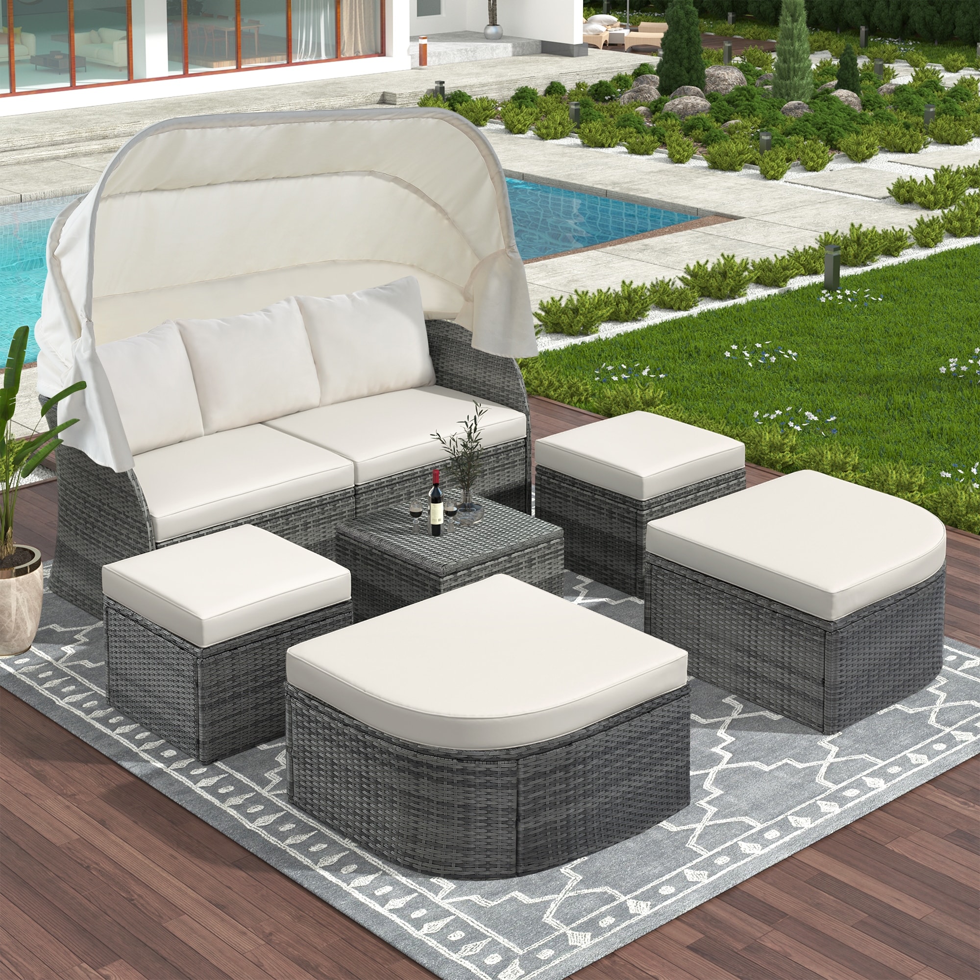 Outdoor Pe Rattan Wicker Daybed Conversation Set With Flip-type Canopy