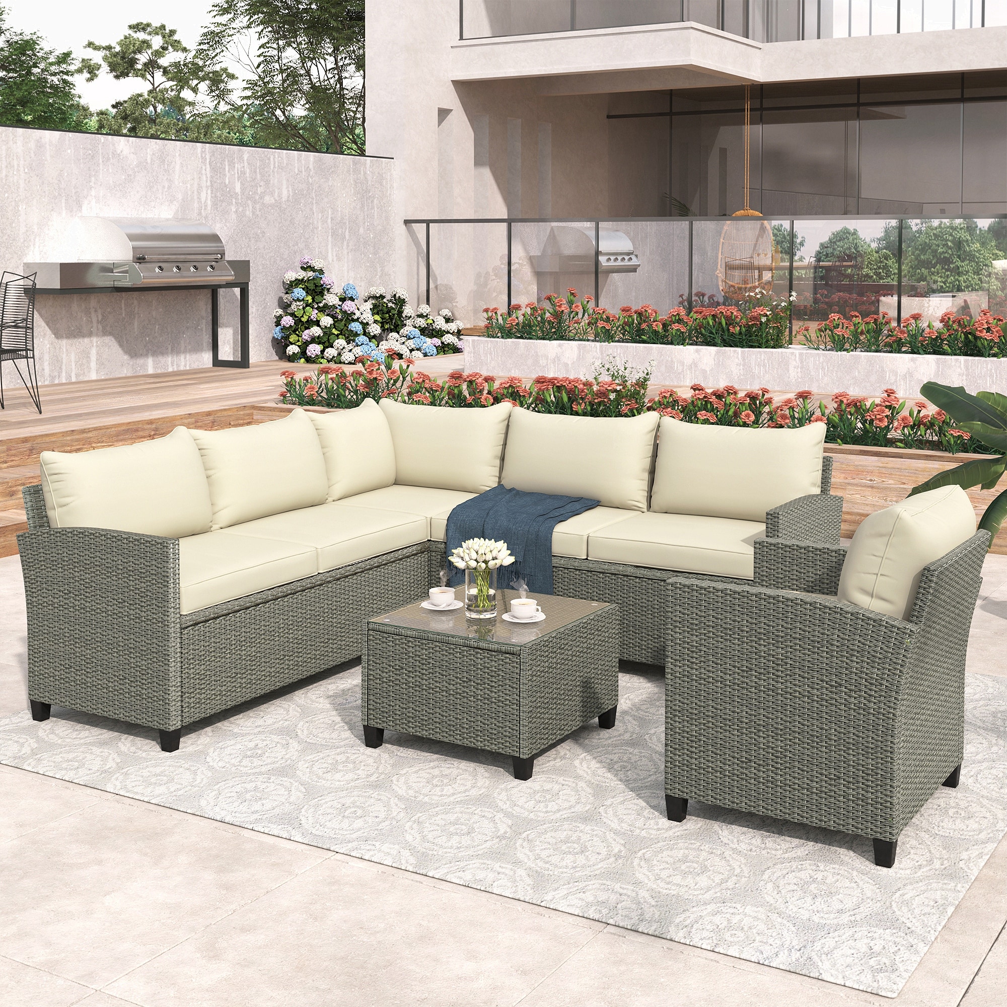 5 Piece Outdoor Conversation Set，with Coffee Table  Cushions And Single Chair