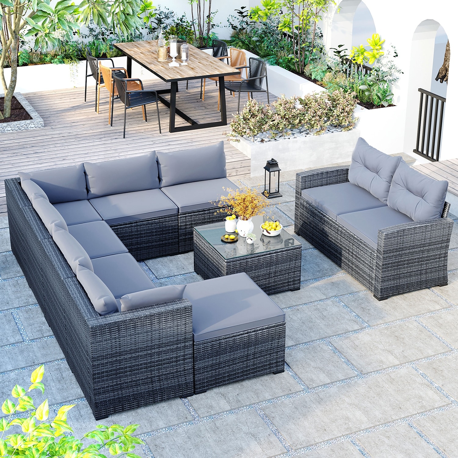 9 Piece Outdoor Patio Large Wicker Sofa Set With Removable Cushions