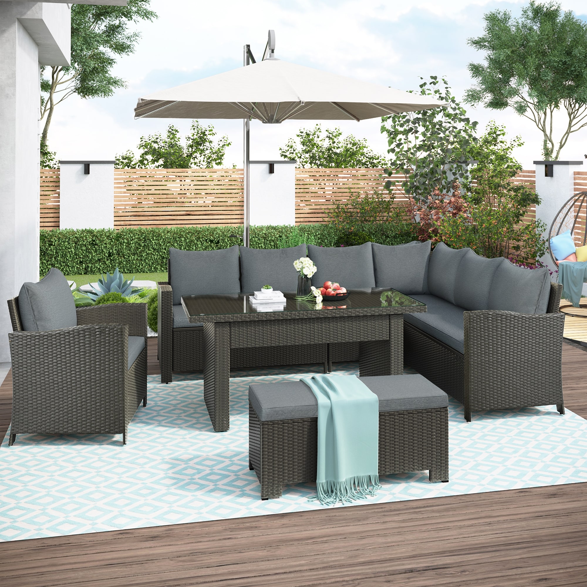 6 Piece Outdoor Sturdy Pe Rattan Patio Furniture Set  Outdoor Sectional Sofa Set With Coffee Table  Bench And Cushions