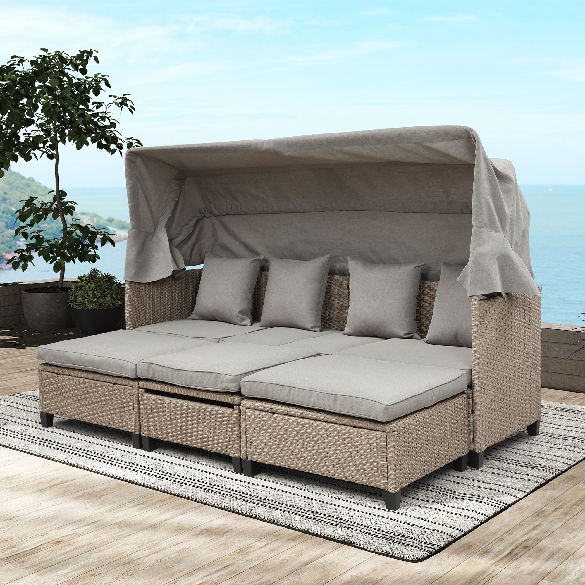 5 Pieces Outdoor Sectional Patio Rattan Sofa Set Rattan Daybed  Pe Wicker Conversation Set