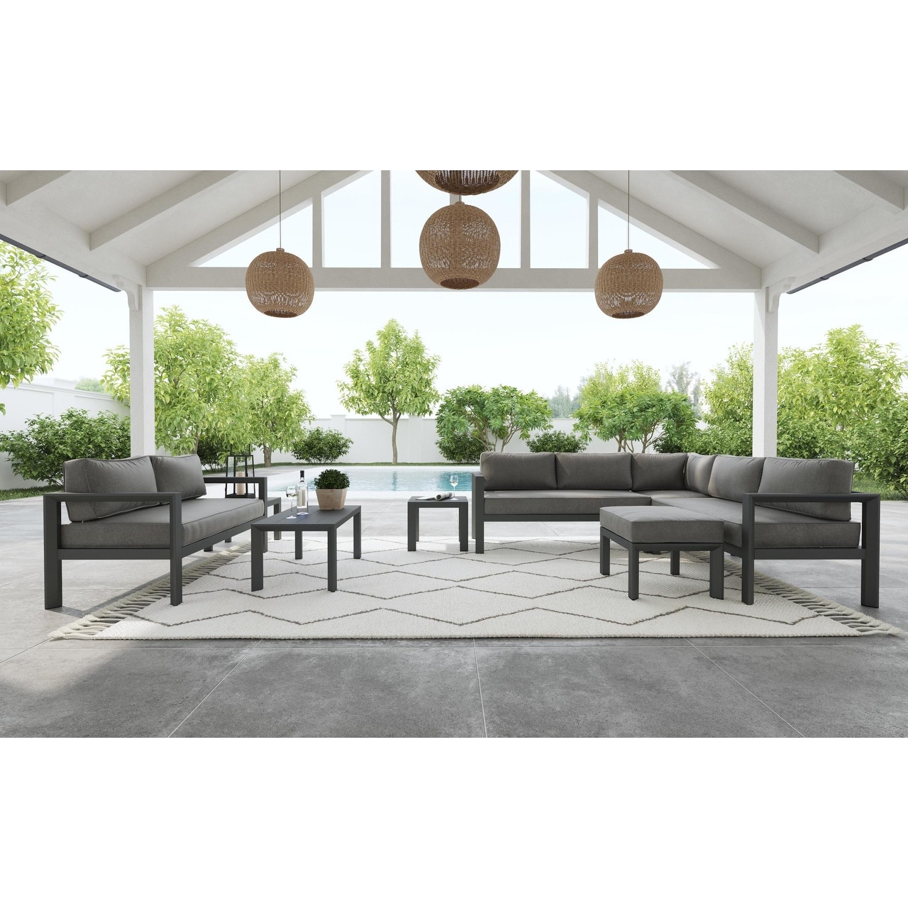 Grayton Gray Aluminum Outdoor Aluminum Loveseat With Lounge Chairs And Coffee Table - 61 X 26 X 29