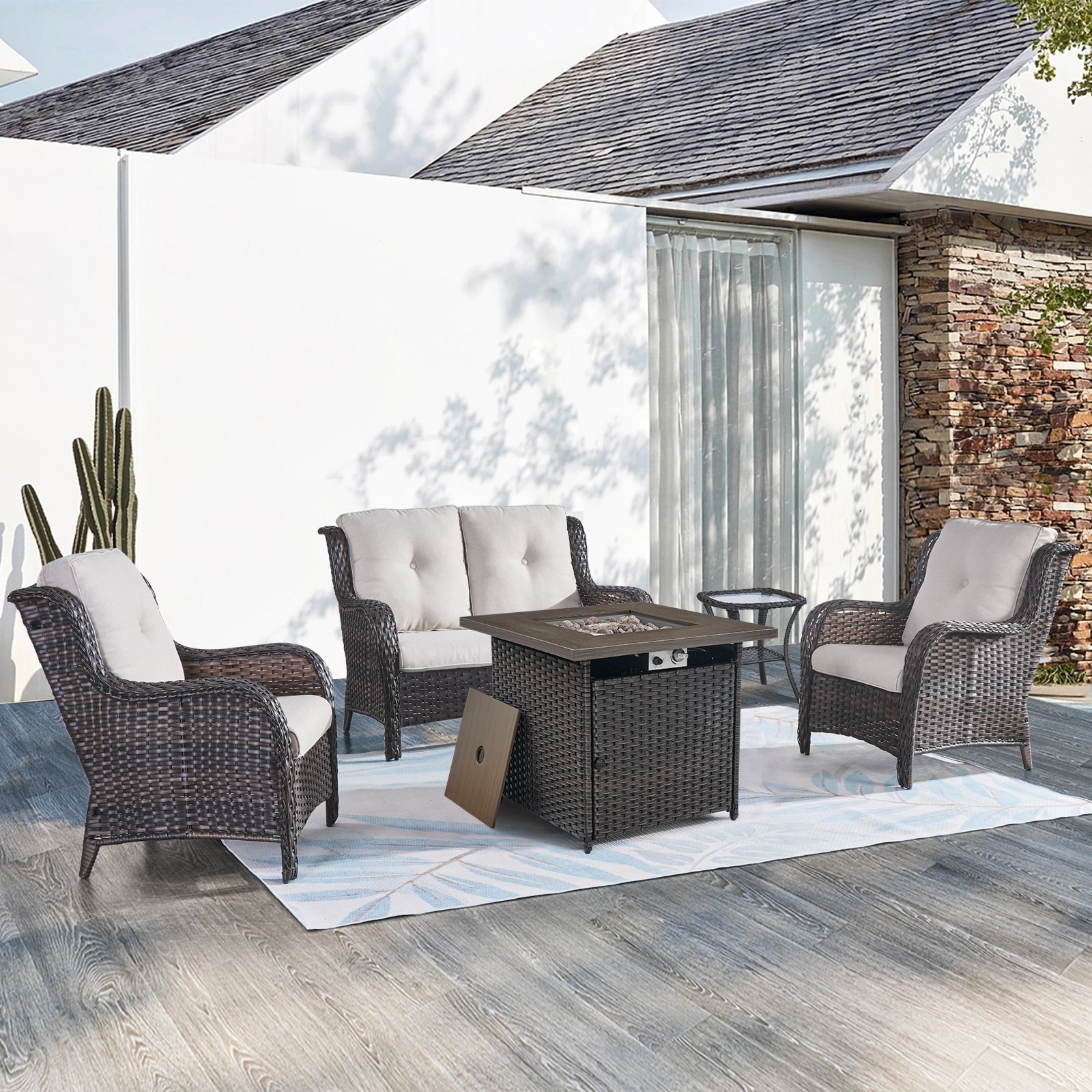 Pocassy Loveseat Sofa Pe Wicker Chair With Fire Pit Table