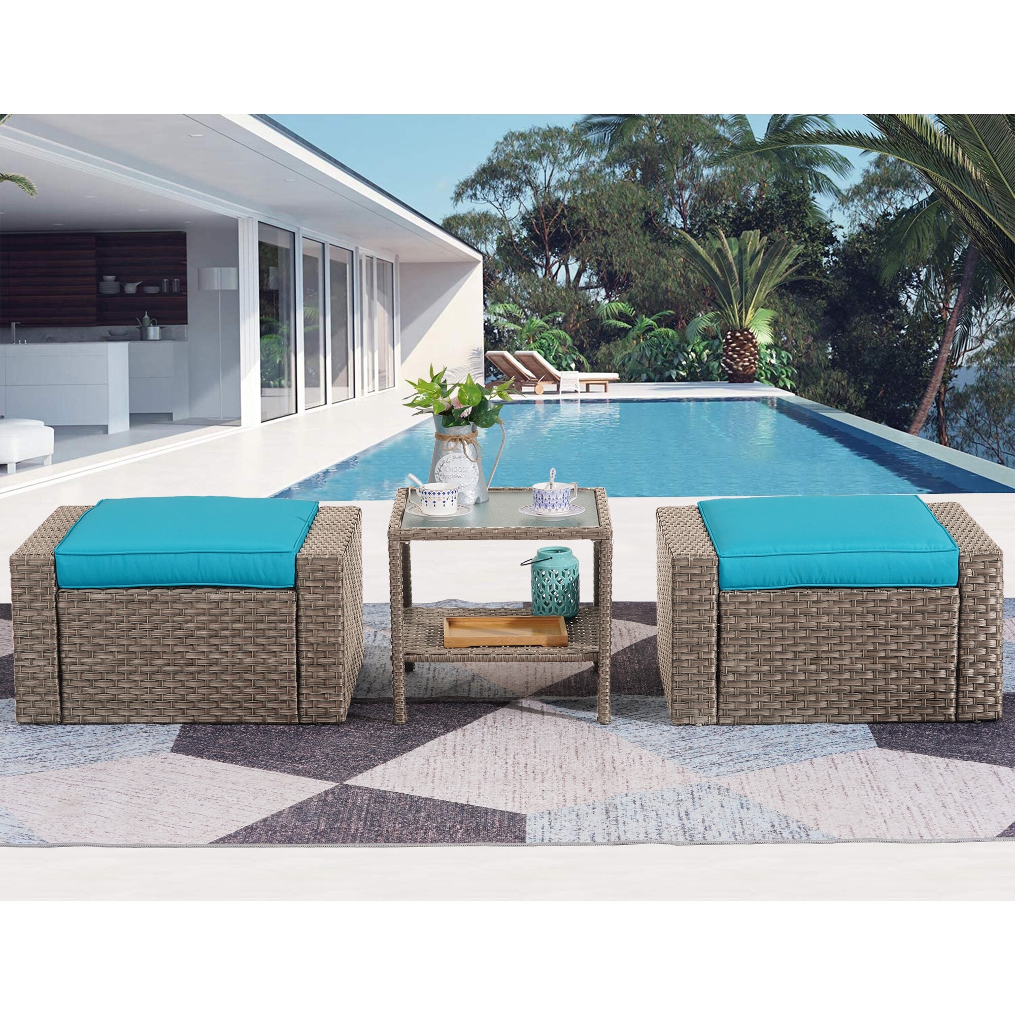3 Piece Outdoor Ottomans With Glass Coffee Table