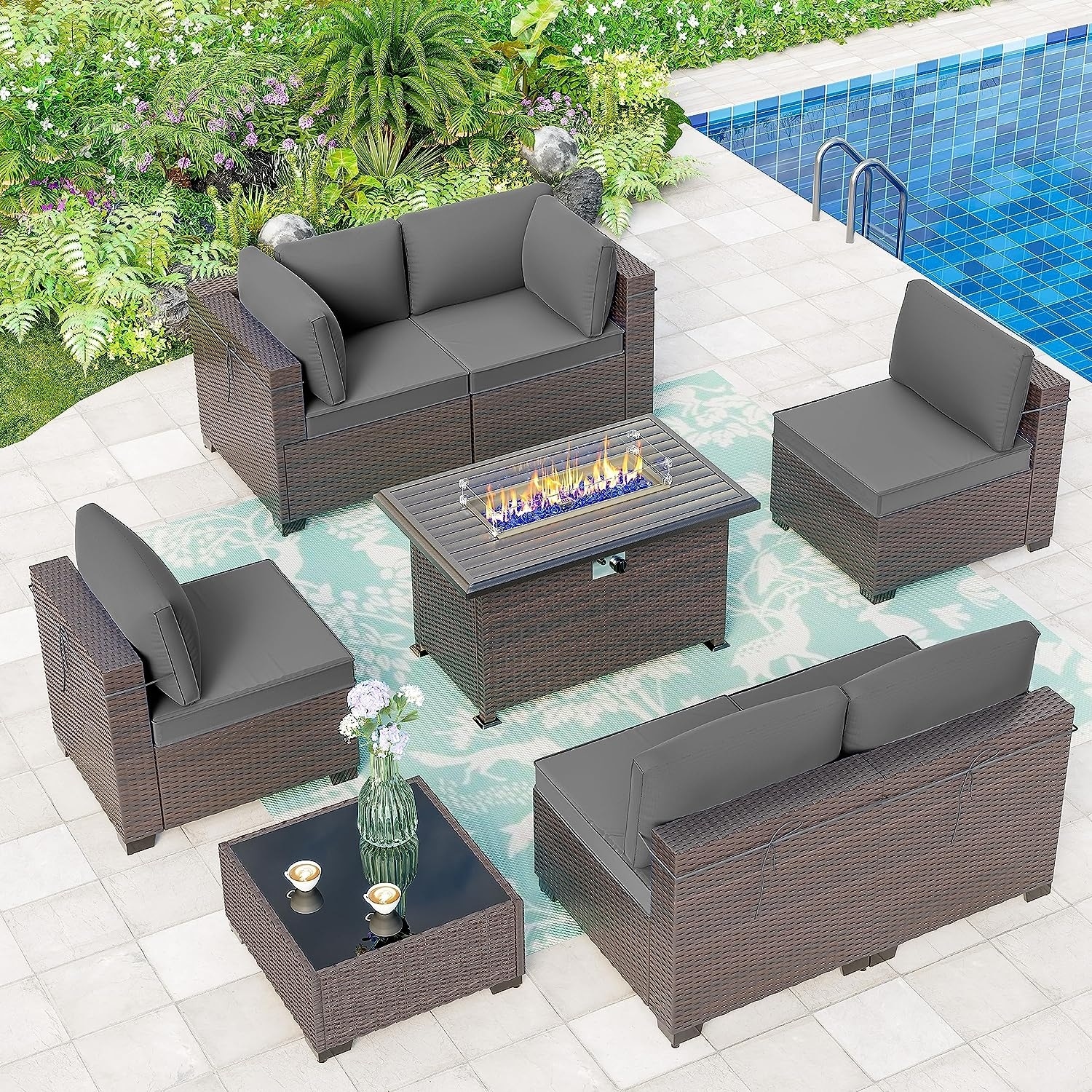 Kullavik 7 Pieces Outdoor Furniture Rattan Patio Sofa Conversation Set With Firepit Table - 7 Pieces