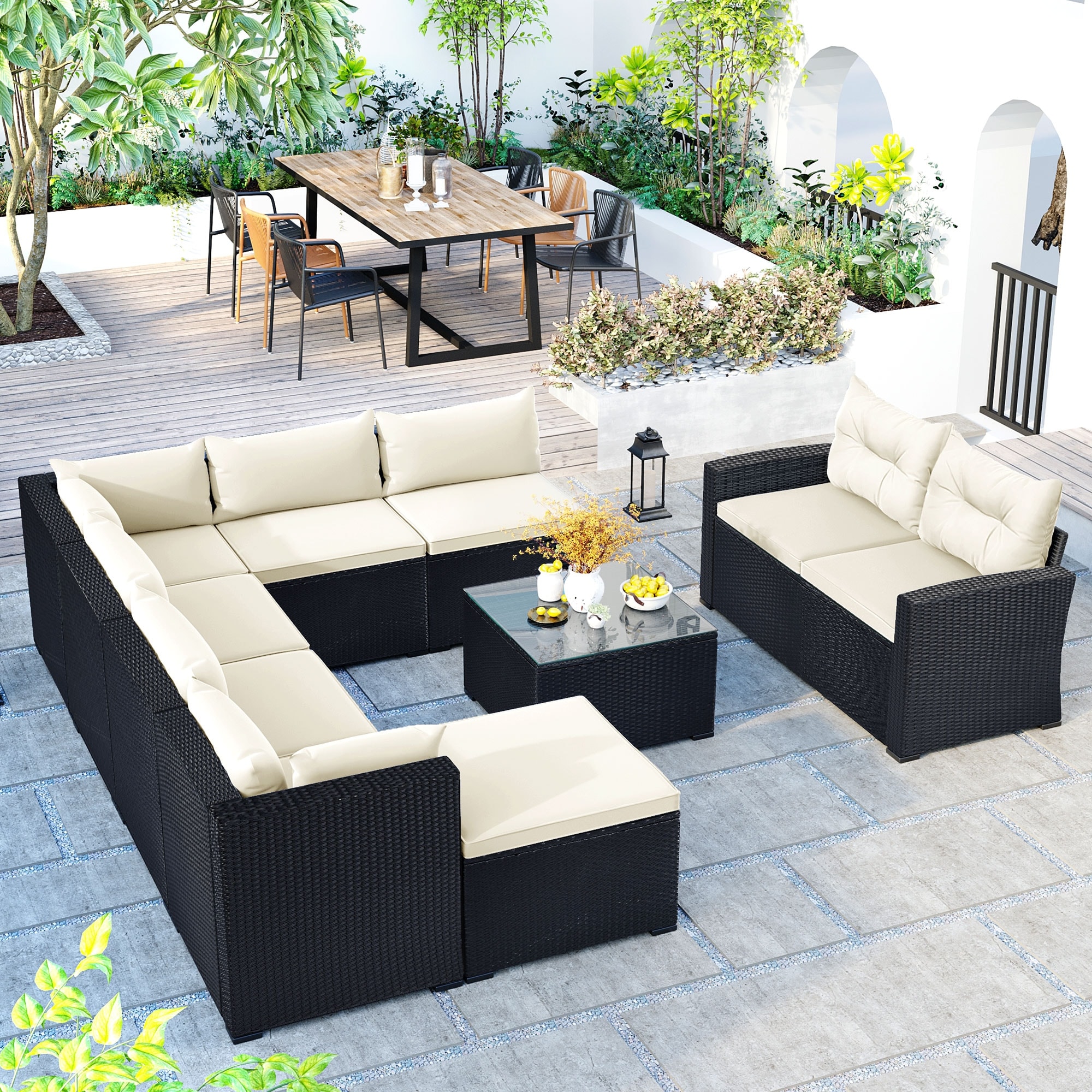 6-piece Sectional Conversation Patio Set  Features Removeable Cushions and Tempered Glass Tabletop For Ultimate Comfort.
