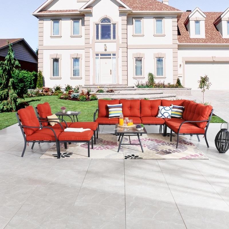 Patio Festival Curve-arm 12-piece Conversation Set With Red Cushions