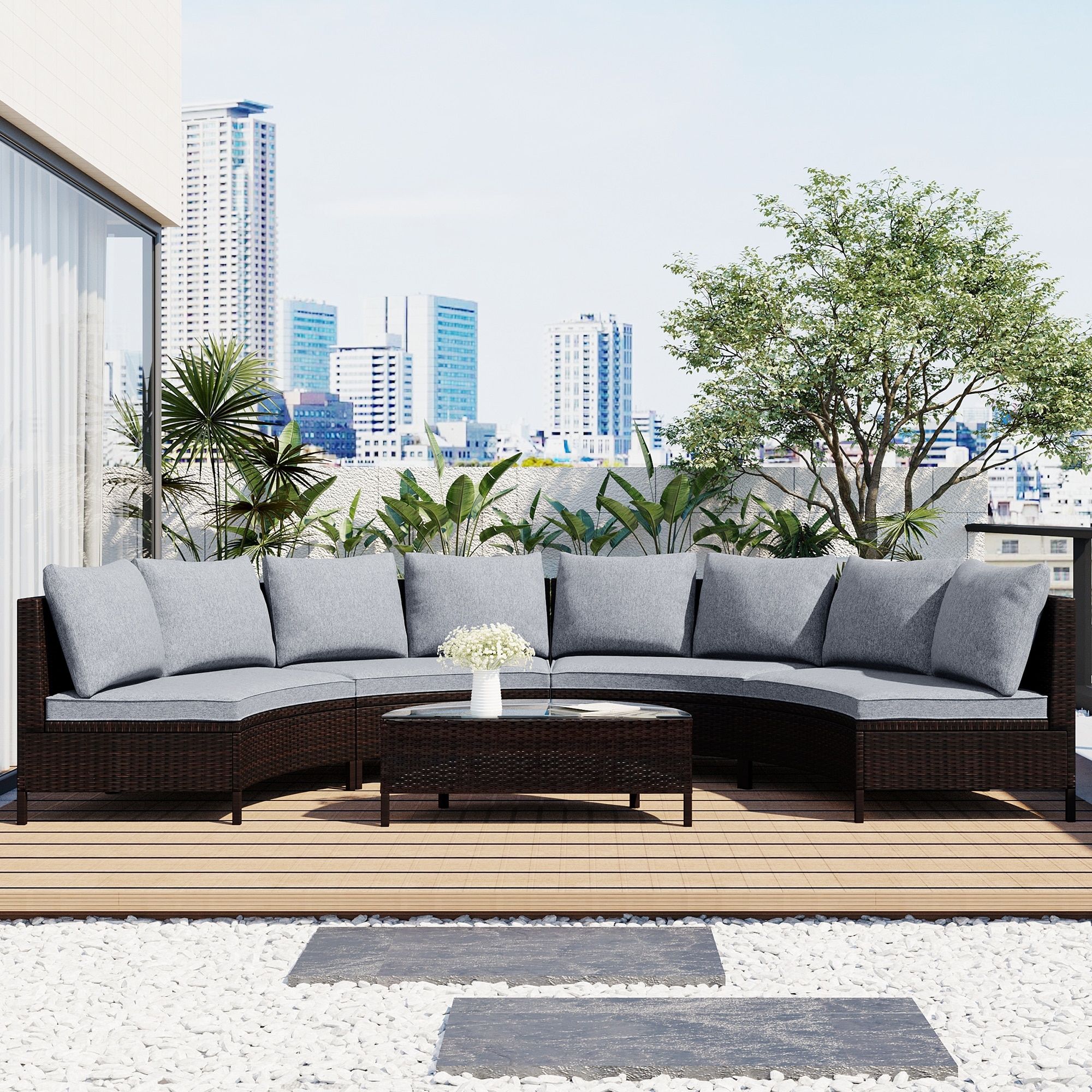 Outdoor Patio Uv-proof Half-moon Sectional Sofa Set  5 Pieces Wicker Sofa Set