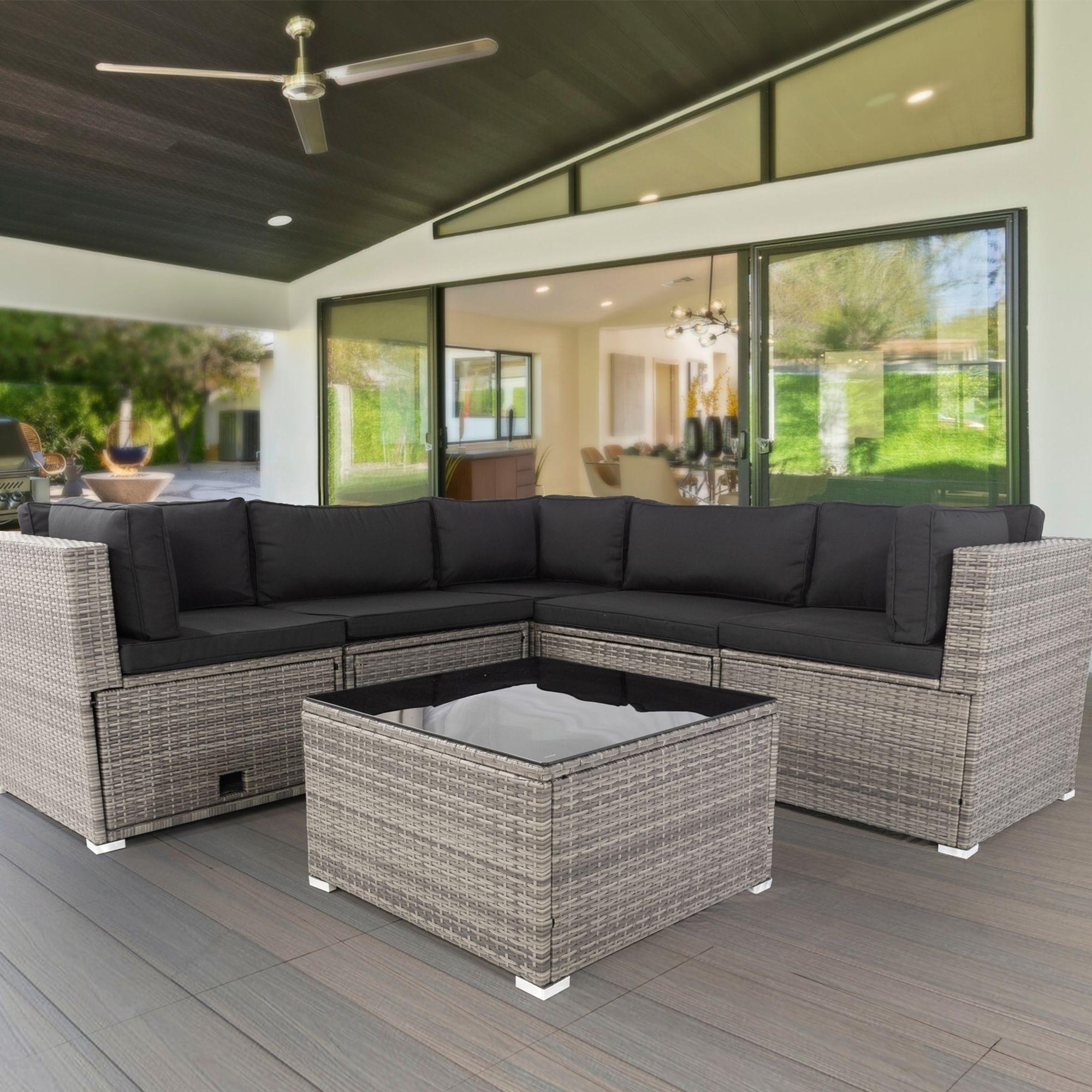 Oaks Aura 6 Pieces Grey Pe Rattan Sectional Outdoor Furniture Cushioned Sofa Set With 3 Storage Under Seat