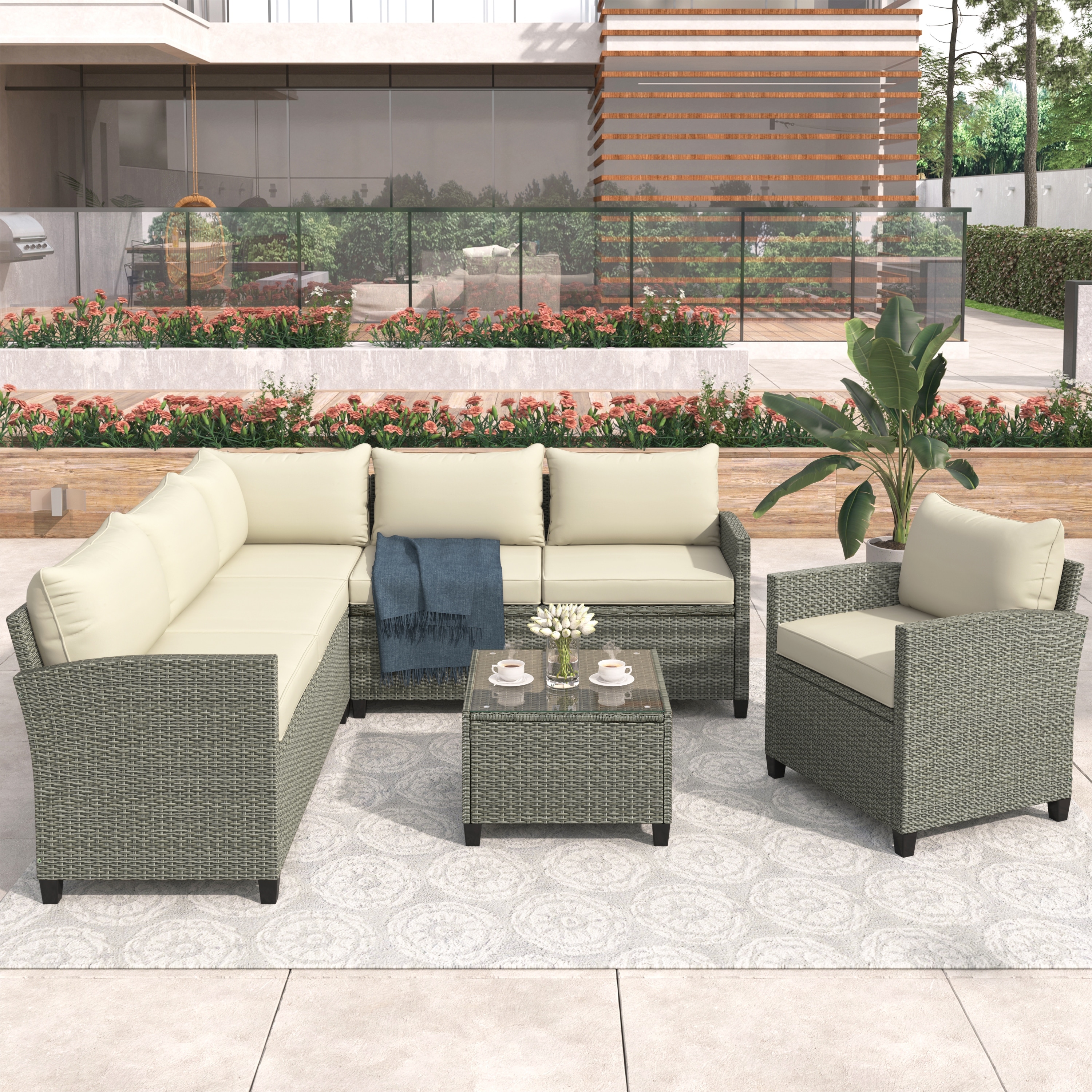 Patio Furniture Set 5 Piece Outdoor Conversation Set With Coffee Table And Single Cushions Chair For Patio/ Porch/ Poolside