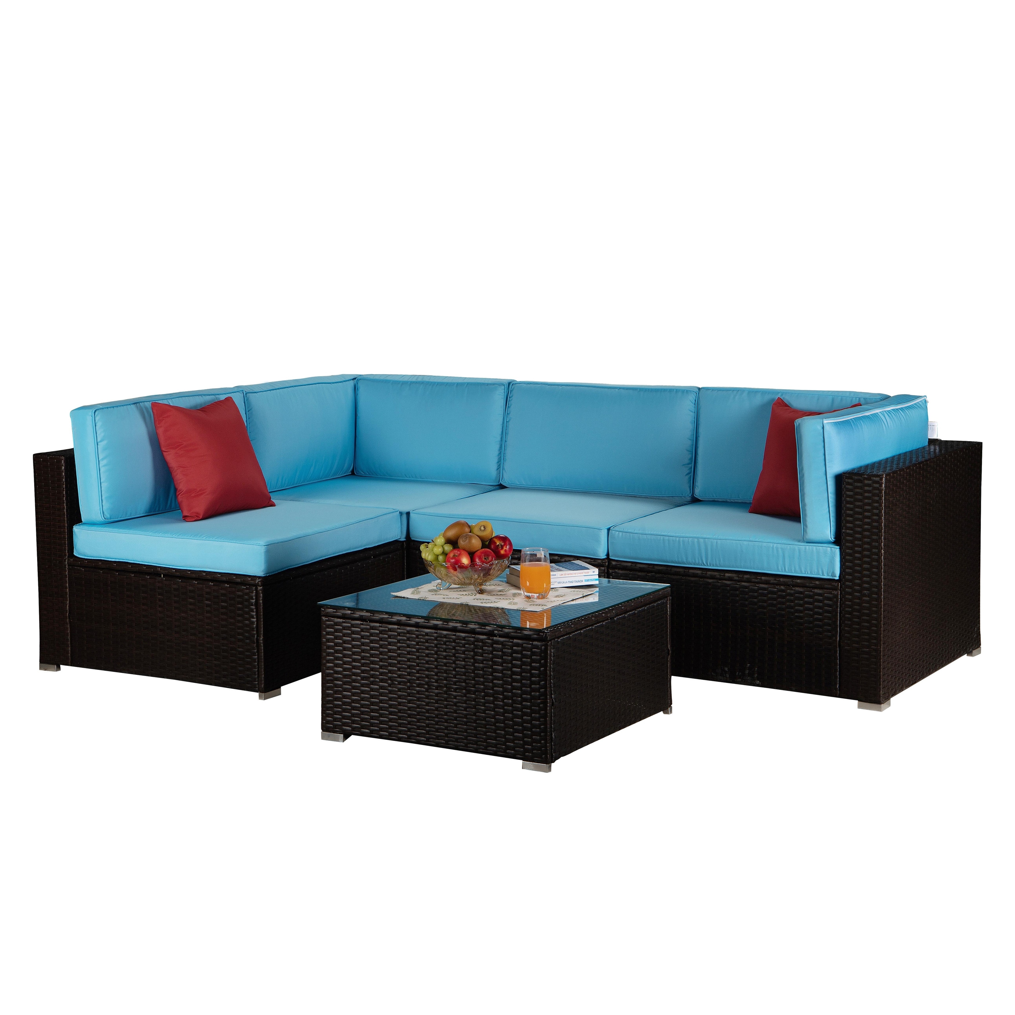 Outdoor Garden Patio Furniture Set Of 5 Brown Pe Rattan Wicker Sectional Blue Upholstered Sofa Set With 2 Red Pillows