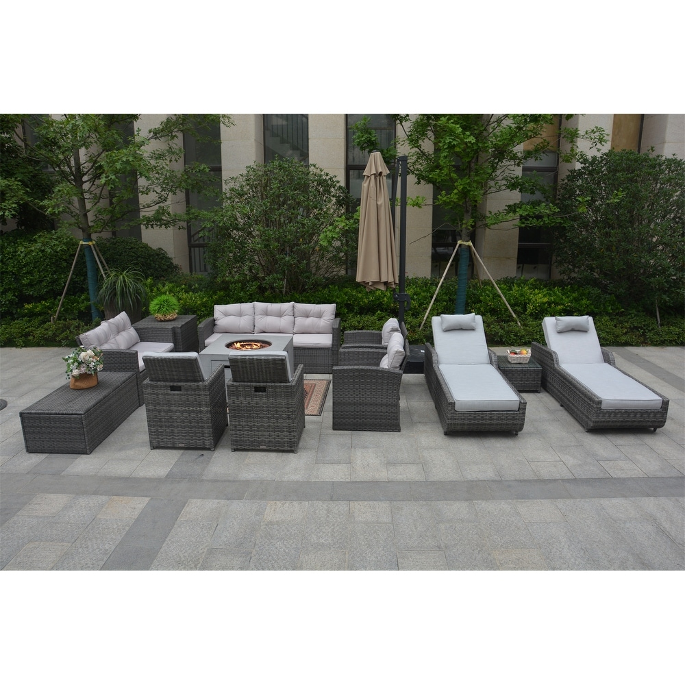 Outdoor Garden Pe Ratten Sofa  Chairs And Lounger Set With Fire Pit Table