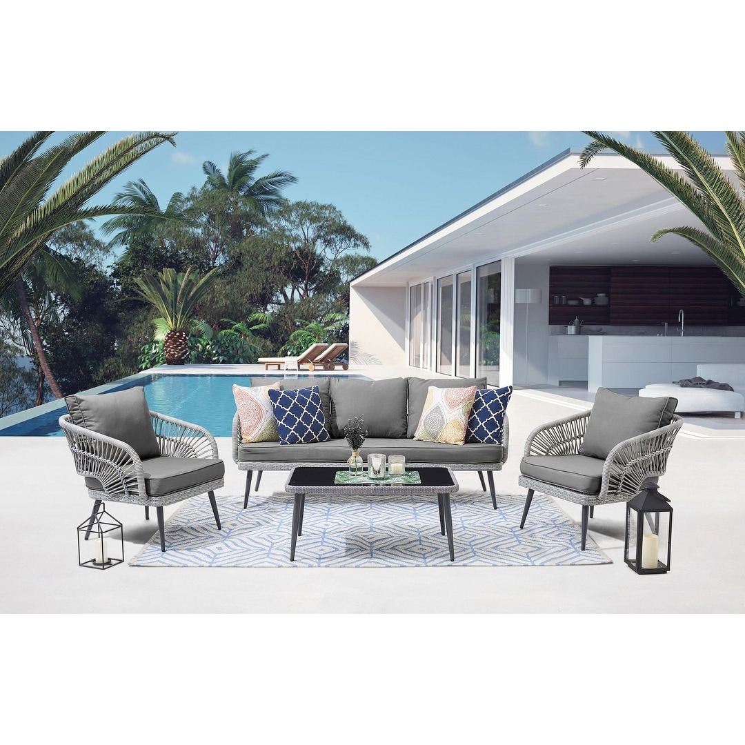 Manhattan Comfort Riviera Rope Wicker 4-piece 5 Seater Patio Conversation Set With Cushions