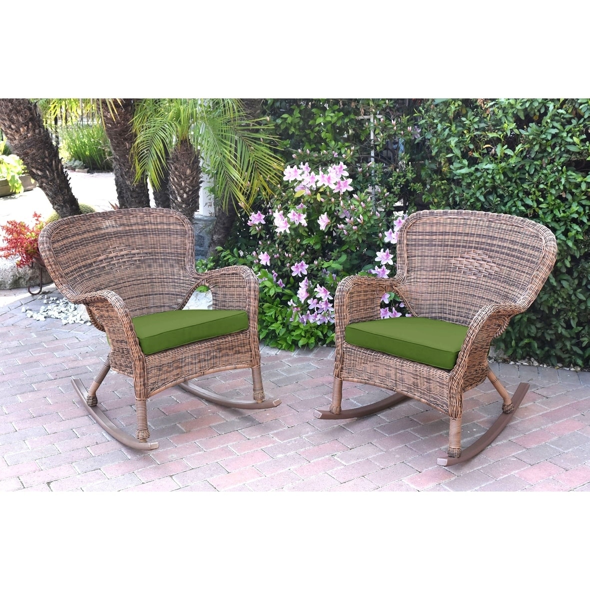 Set Of 2 Windsor Honey Resin Wicker Rocker Chair With Ivory Cushions